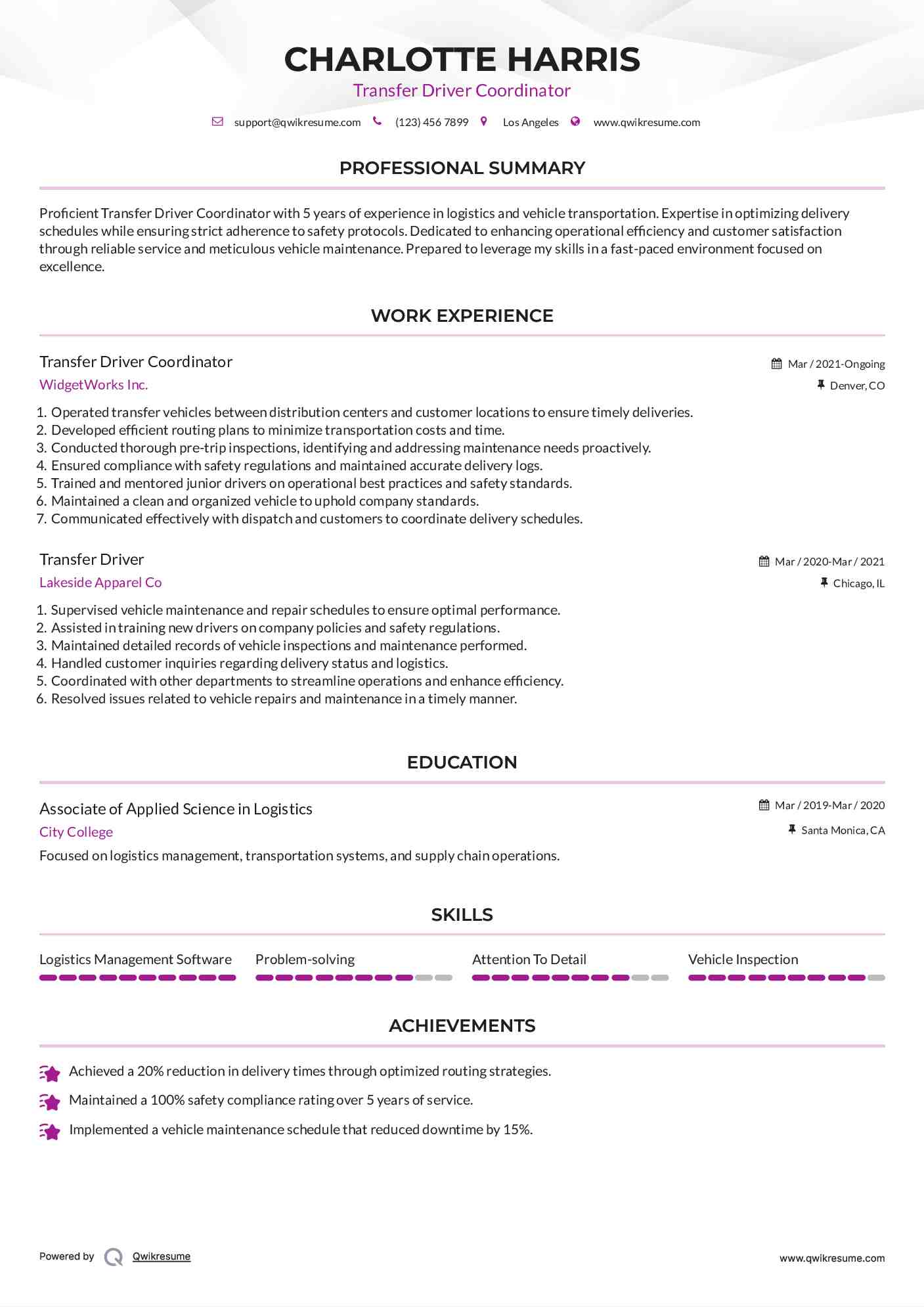 Transfer Driver Coordinator Resume Example