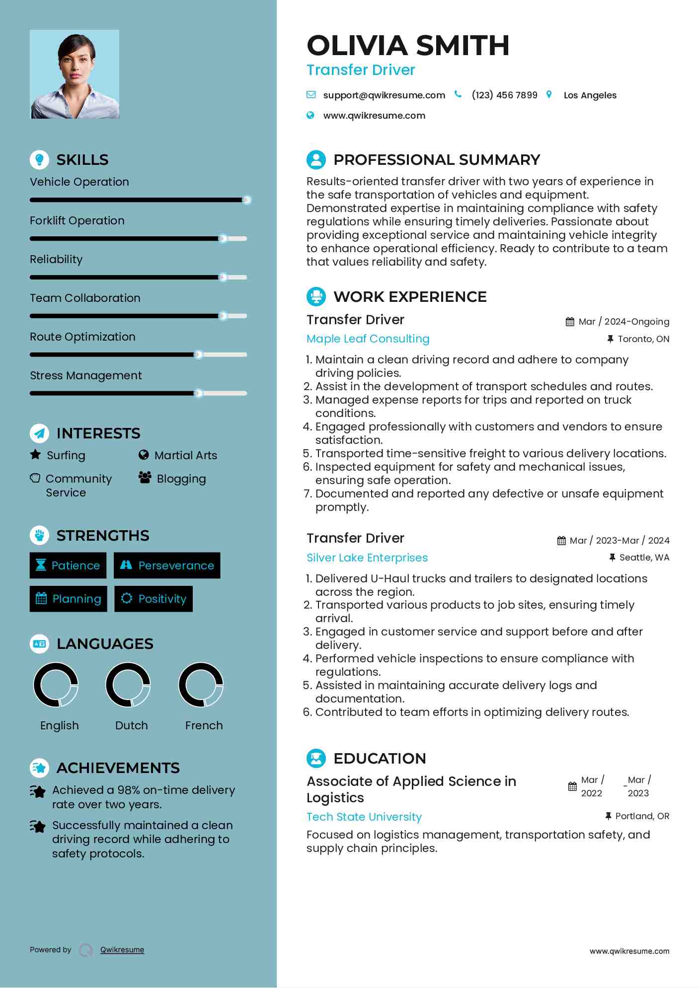 Transfer Driver Resume Sample