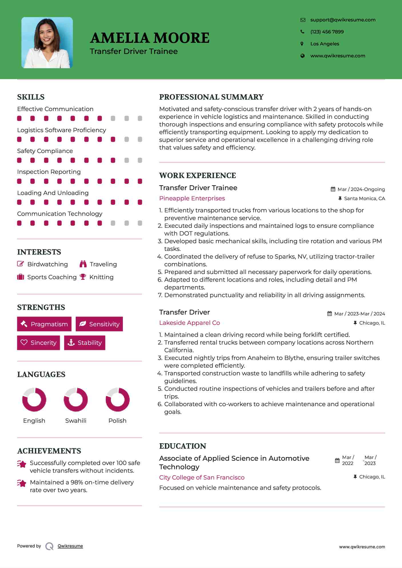 Transfer Driver Trainee Resume Model