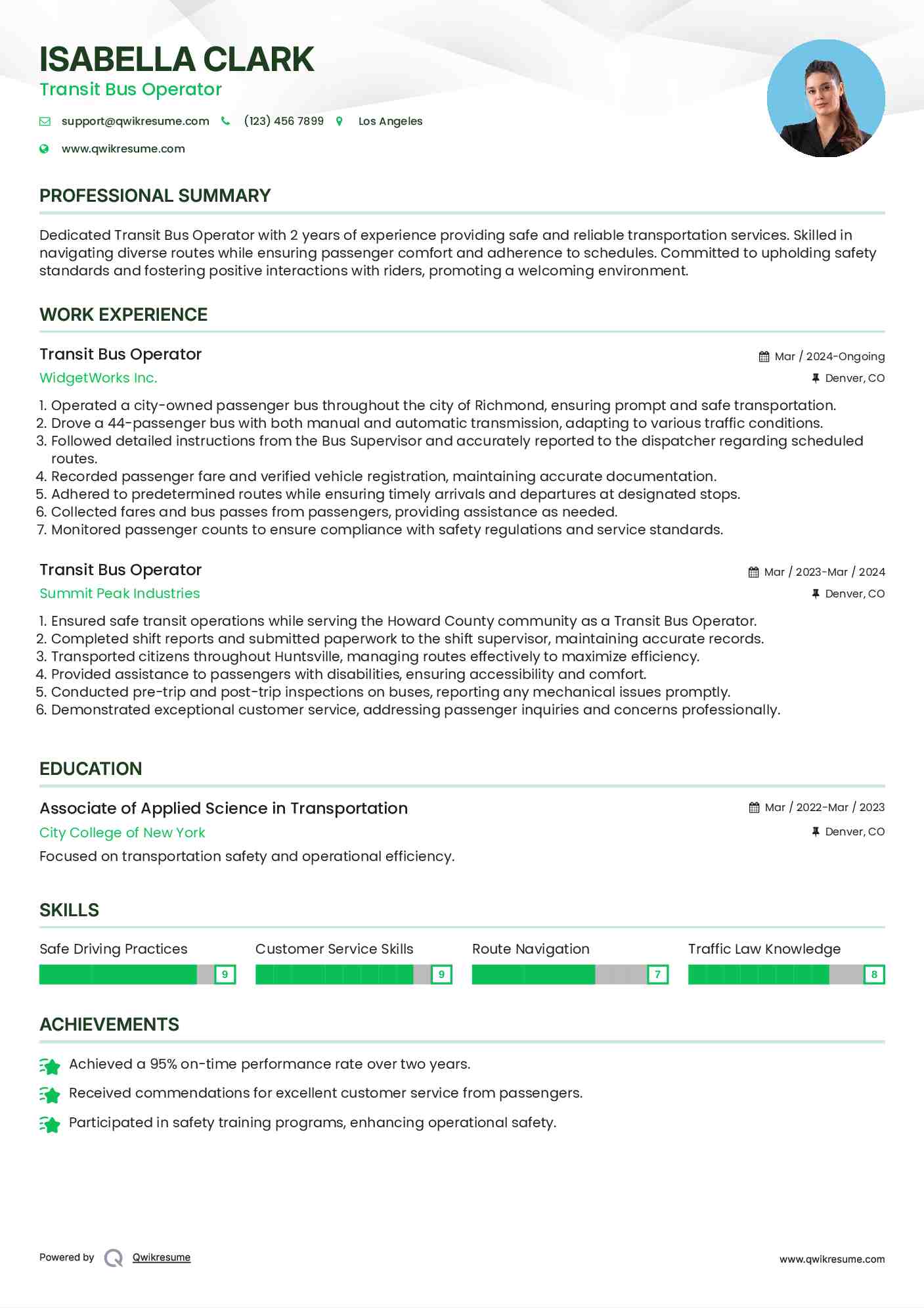 Transit Bus Operator Resume Example