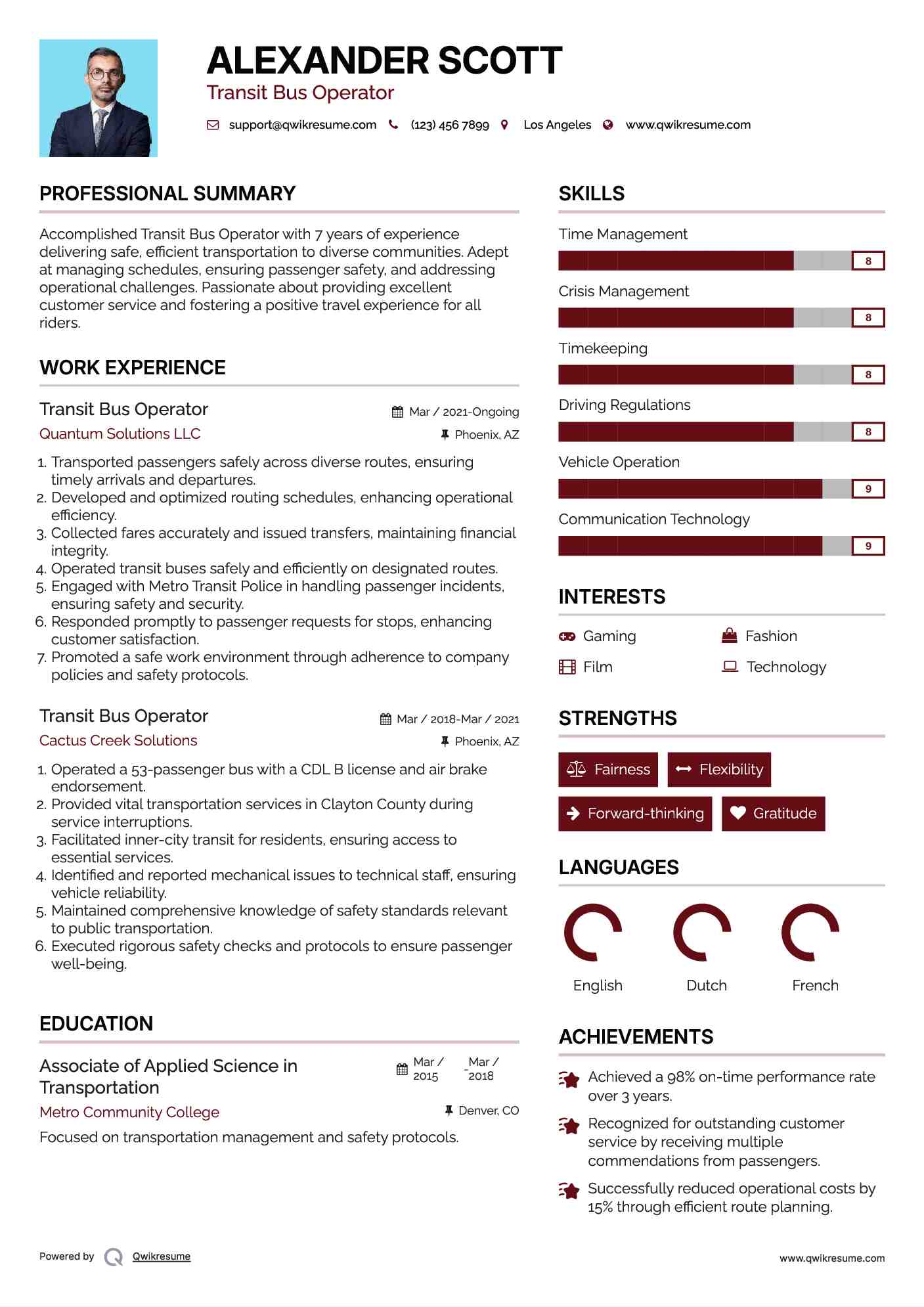 Transit Bus Operator Resume Example