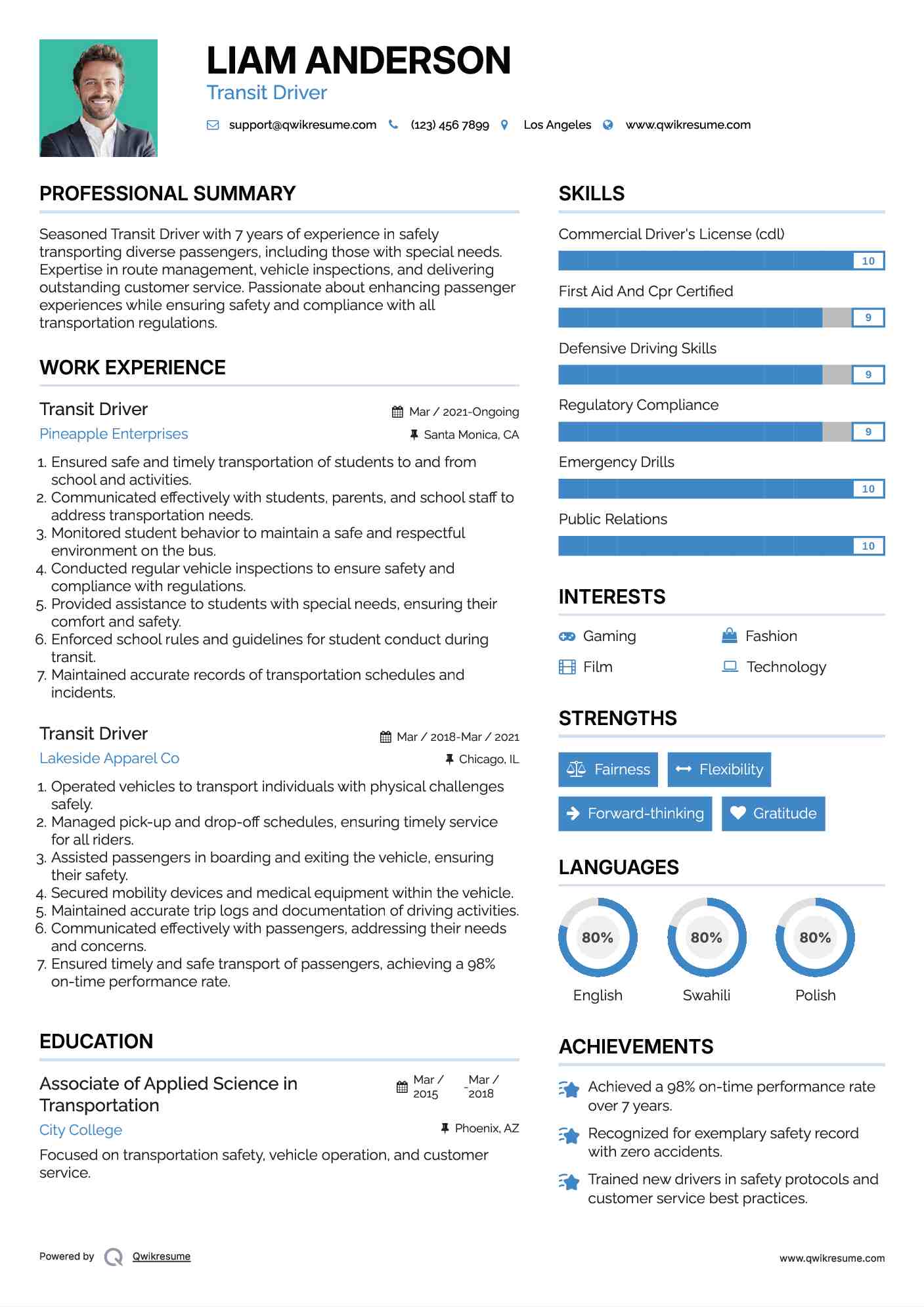 Transit Driver Resume Example