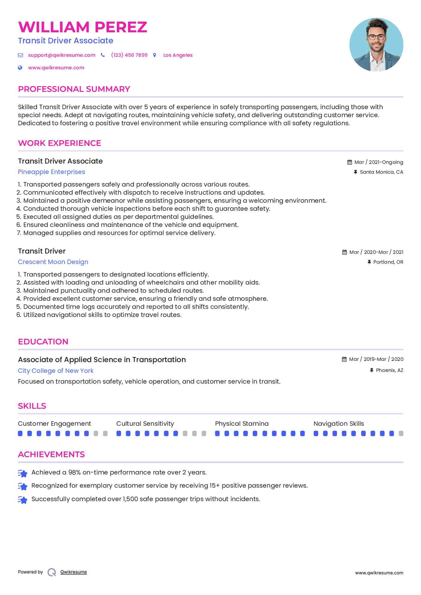Transit Driver Associate Resume Example