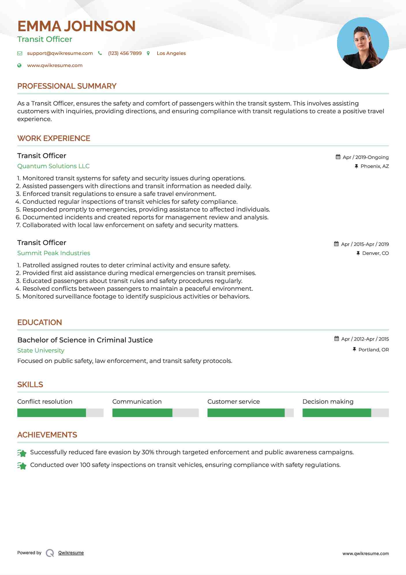 Transit Officer Resume Format