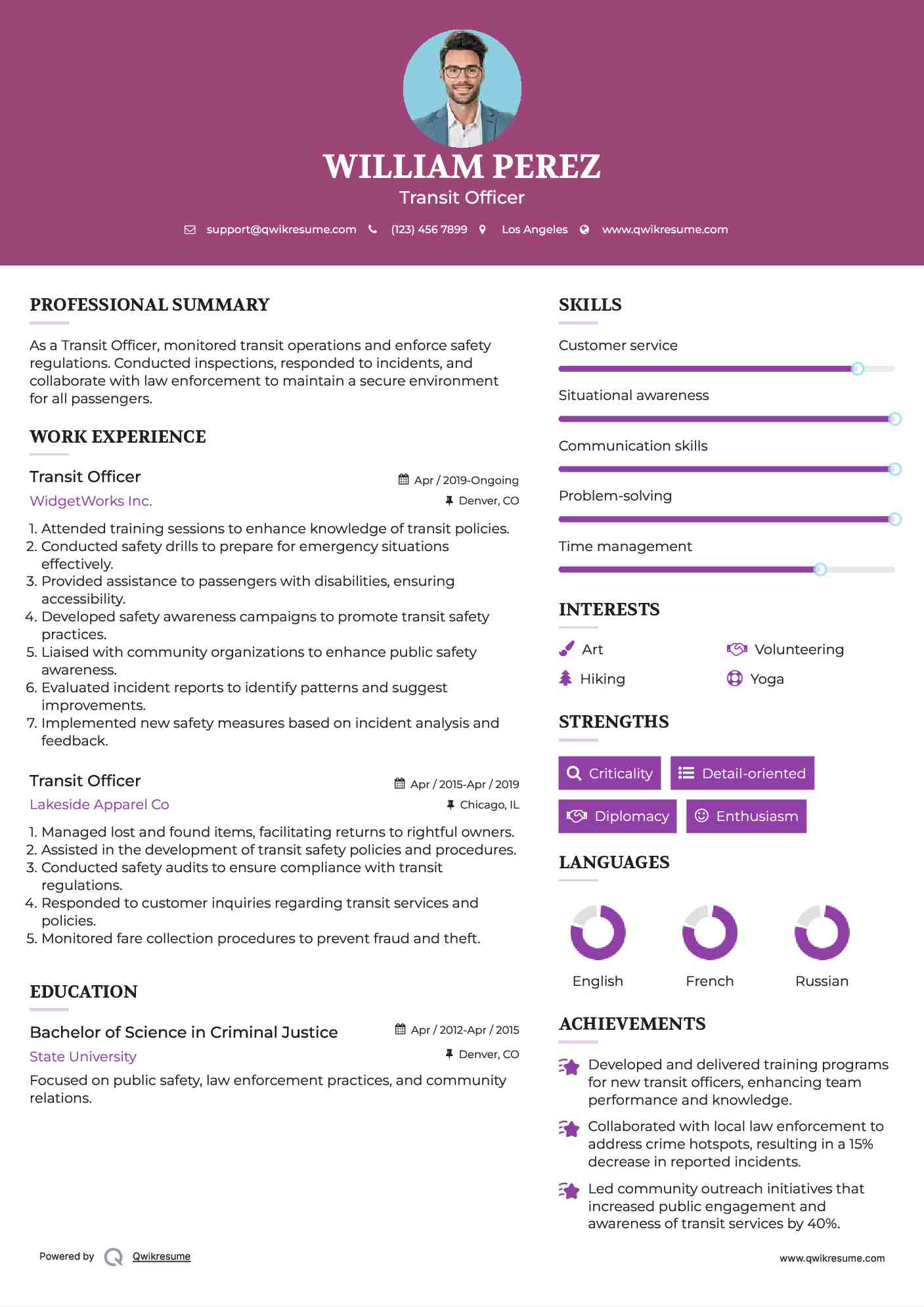 Transit Officer Resume Sample