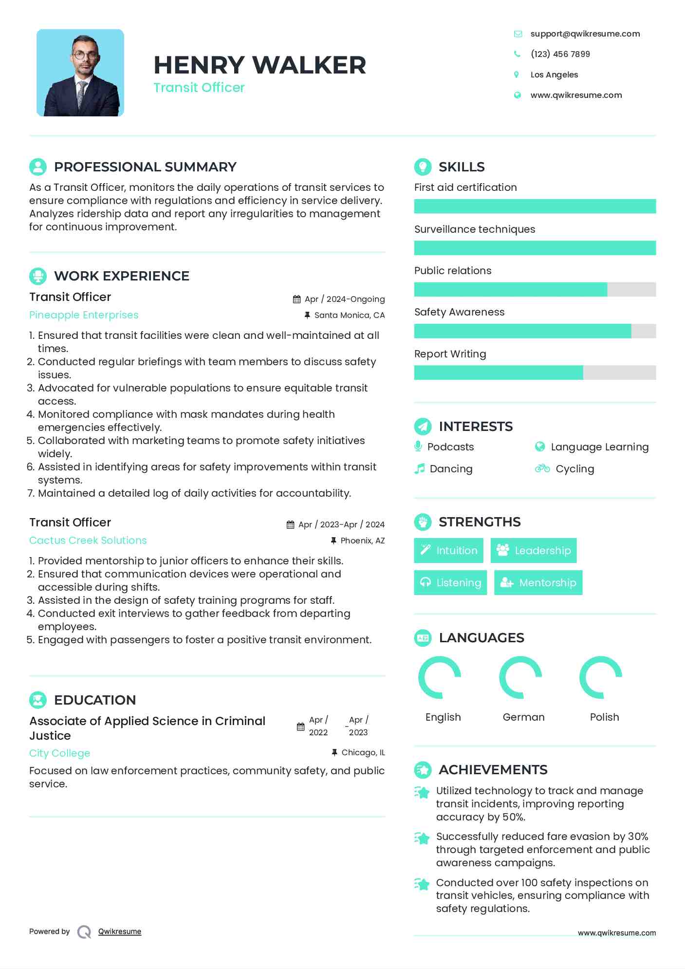 Transit Officer Resume Sample