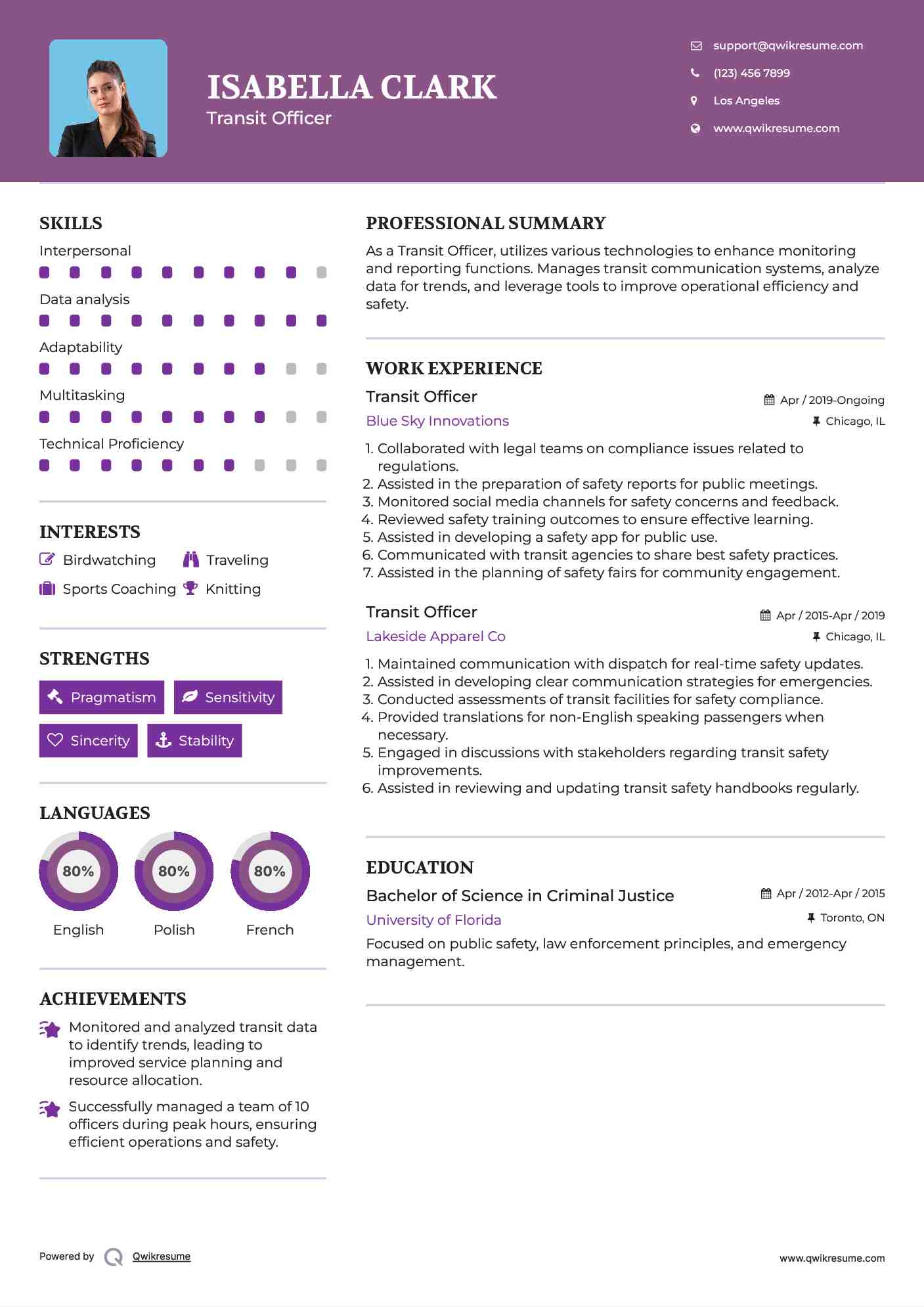 Transit Officer Resume Model