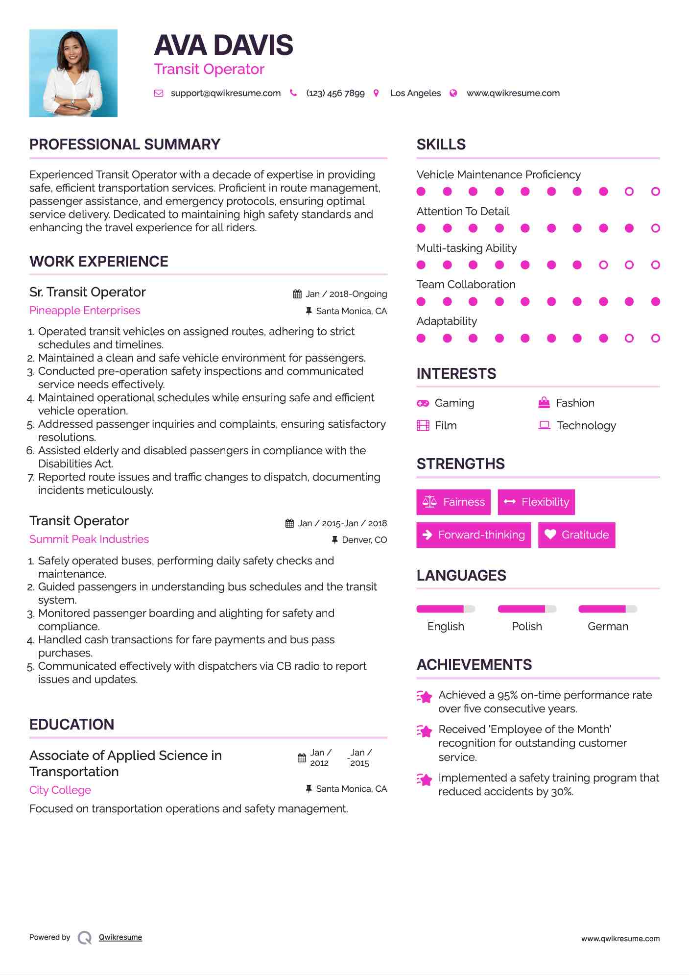Sr. Transit Operator Resume Sample