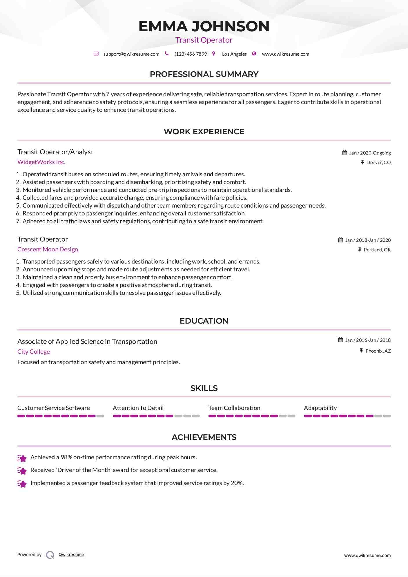 Transit Operator/Analyst Resume Model