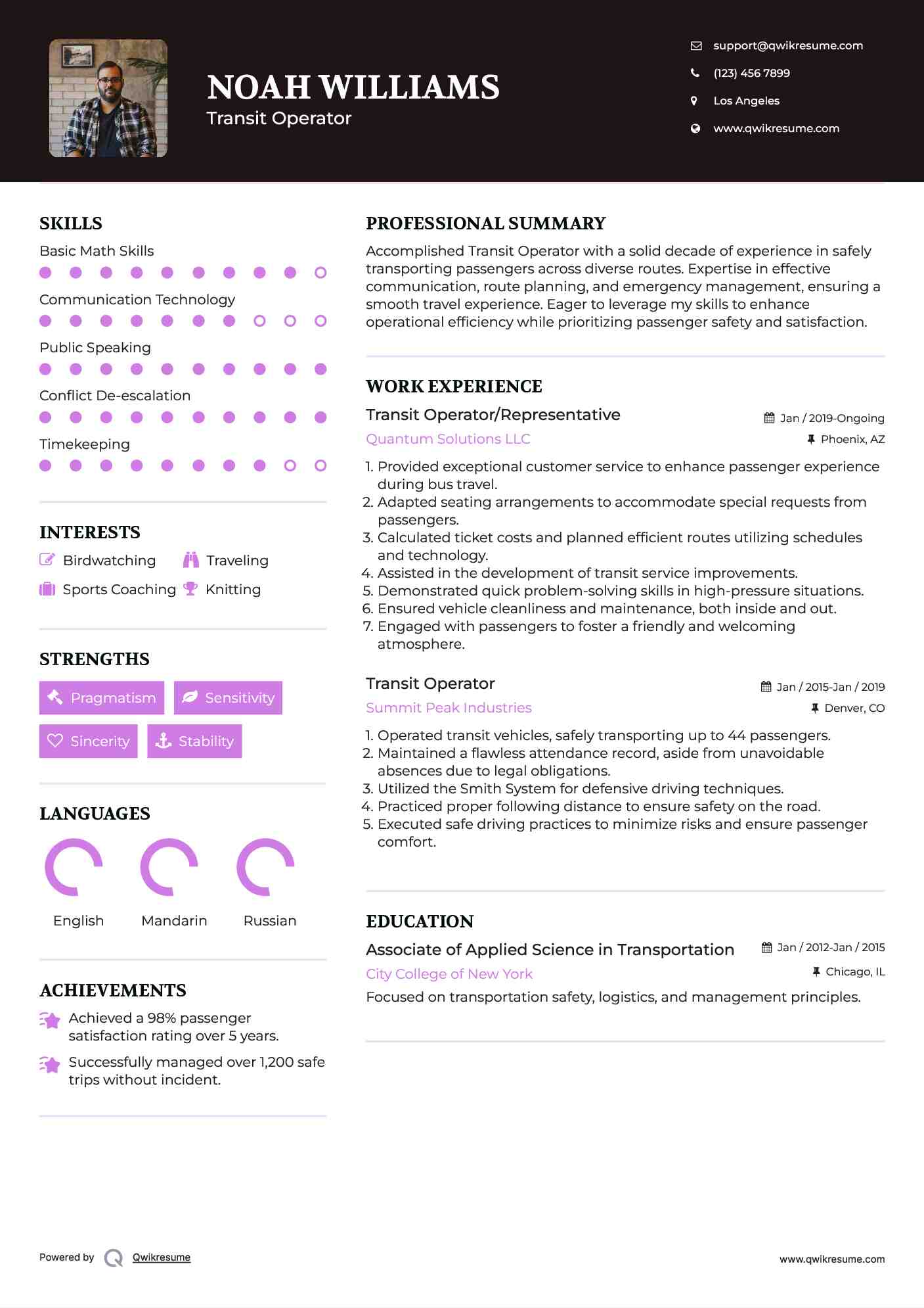 Transit Operator/Representative Resume Model