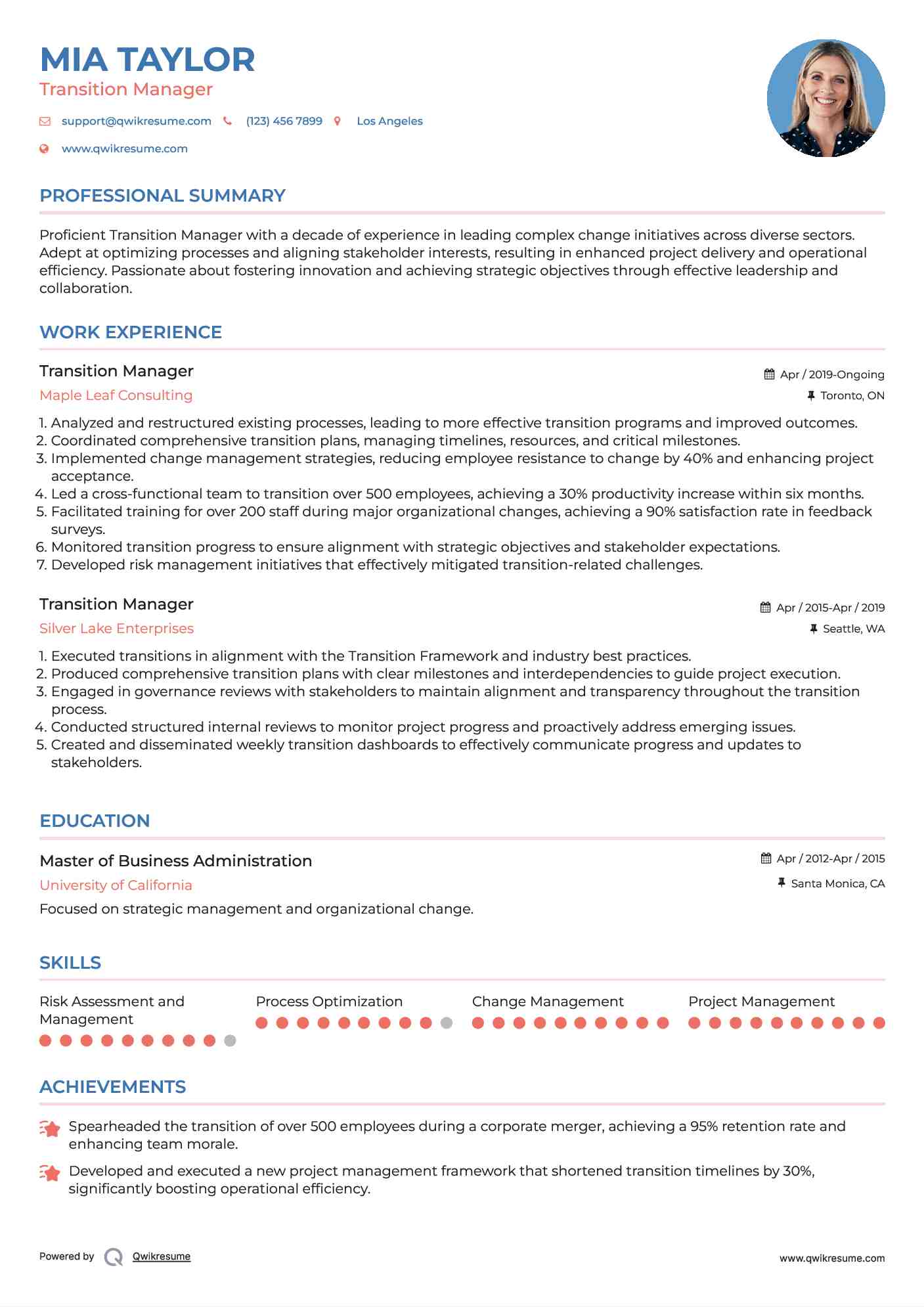 Transition Manager Resume Template