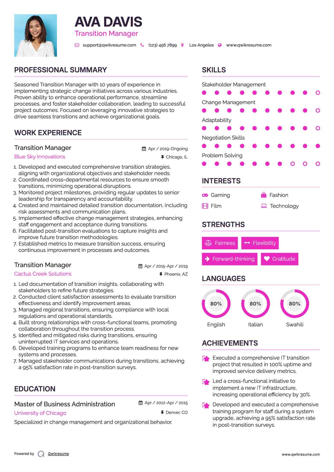 Transition Manager Resume Example