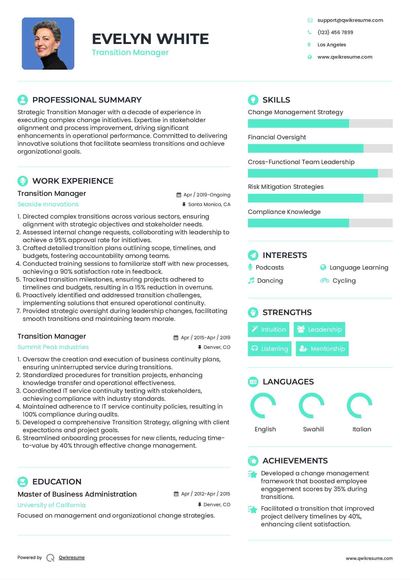 Transition Manager Resume Model
