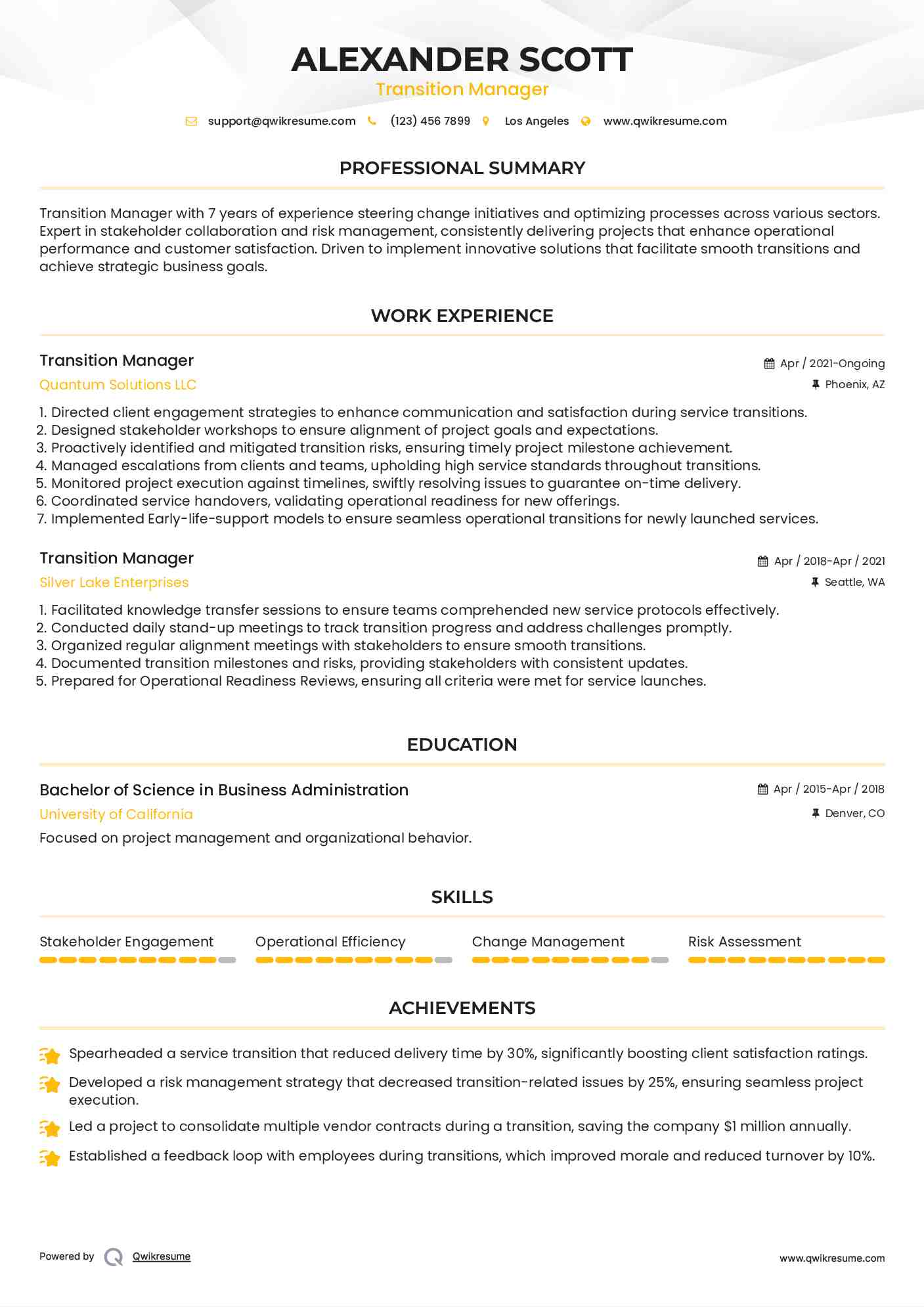 Transition Manager  Resume Sample