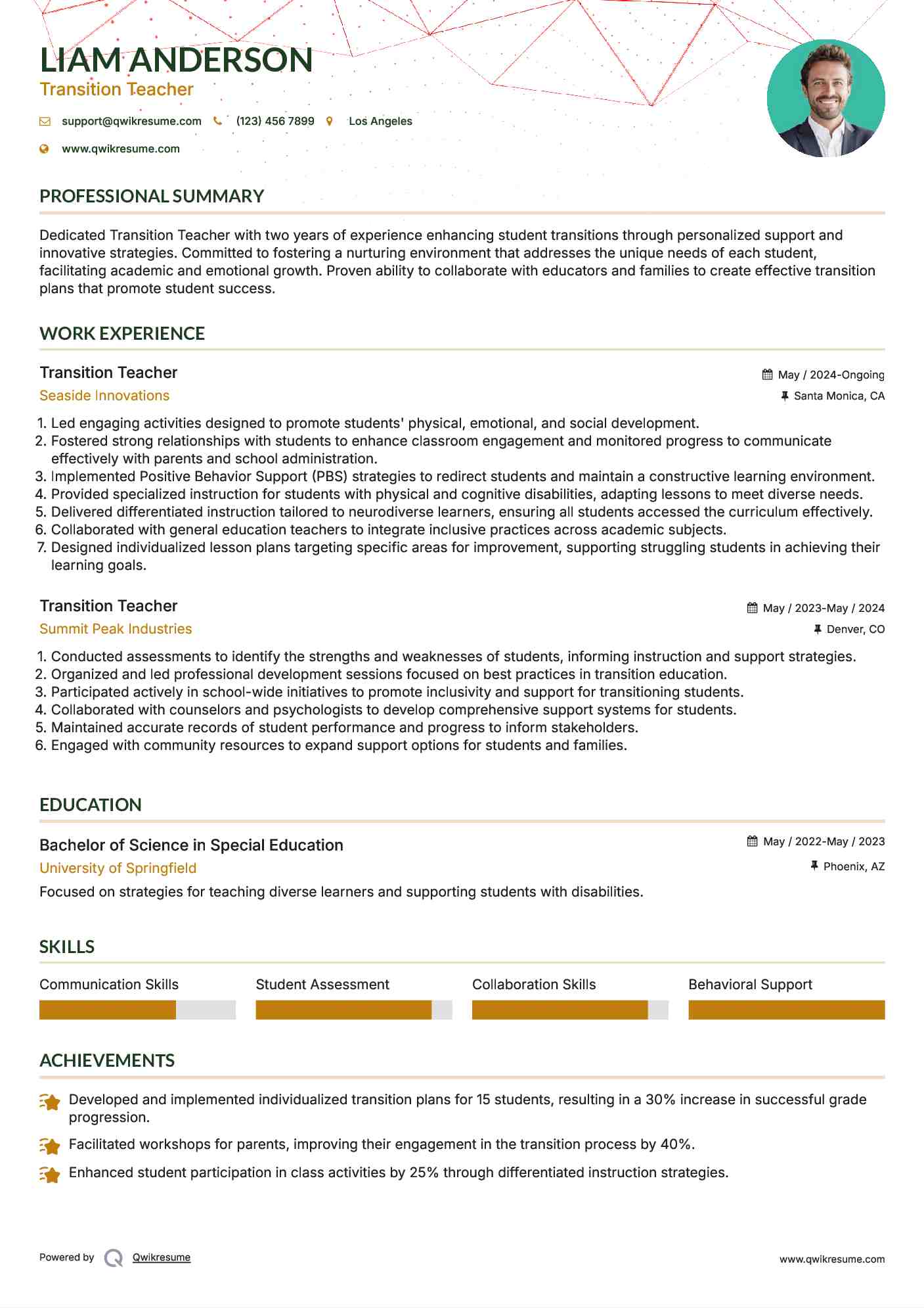 Transition Teacher Resume Sample
