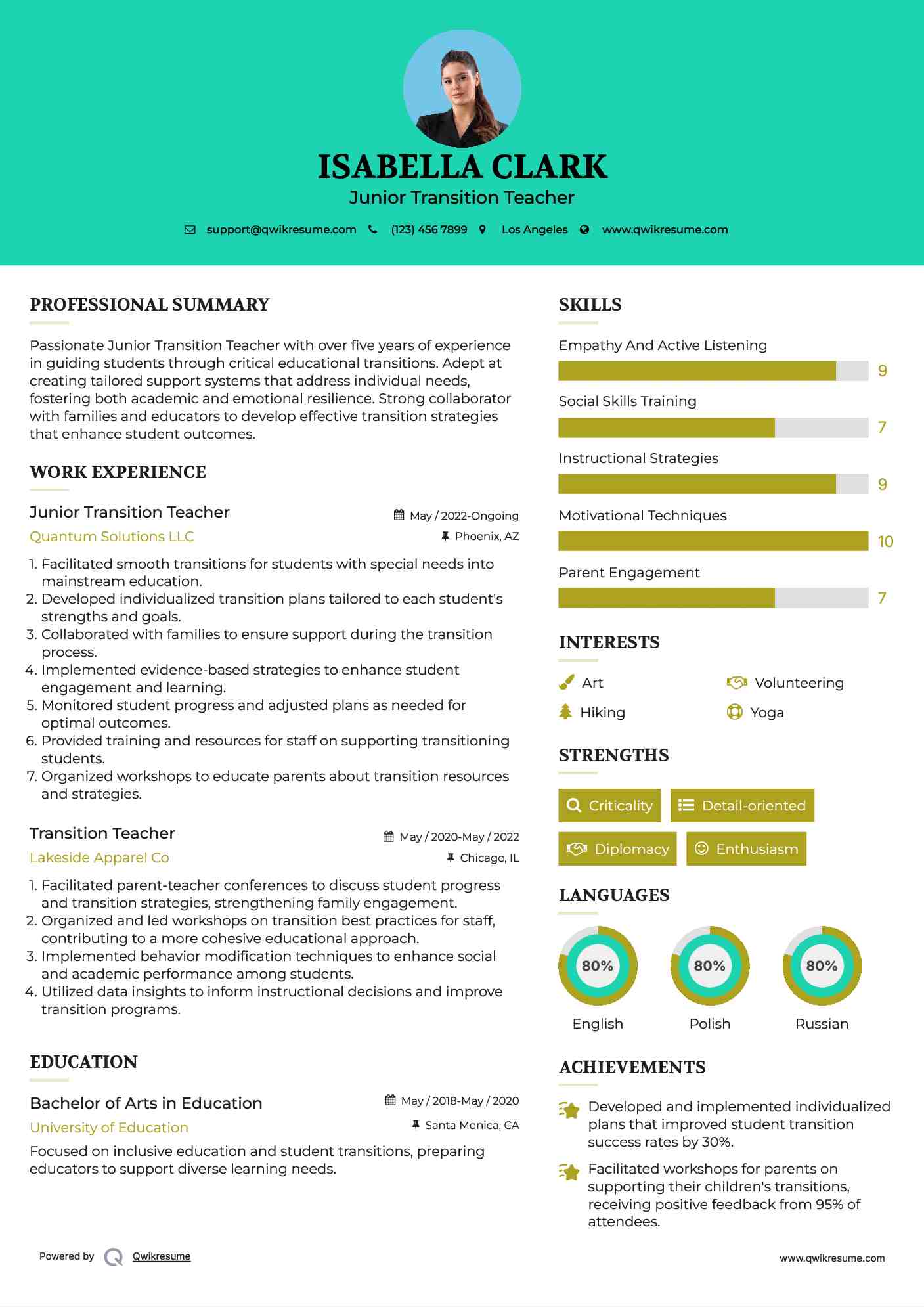 Junior Transition Teacher Resume Format