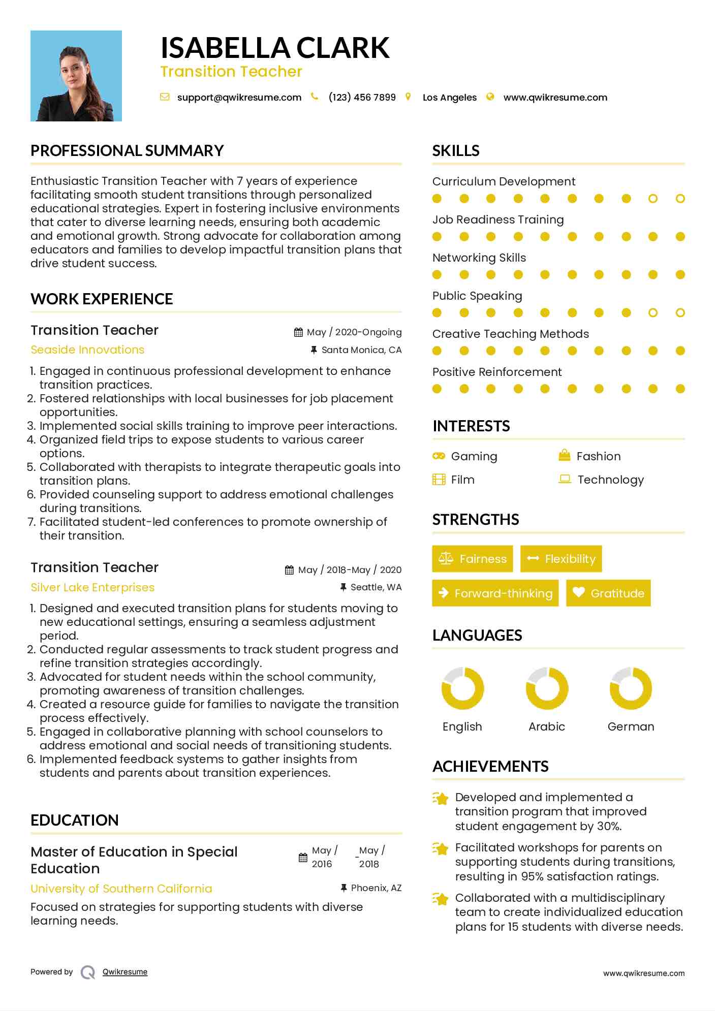 Transition Teacher Resume Example