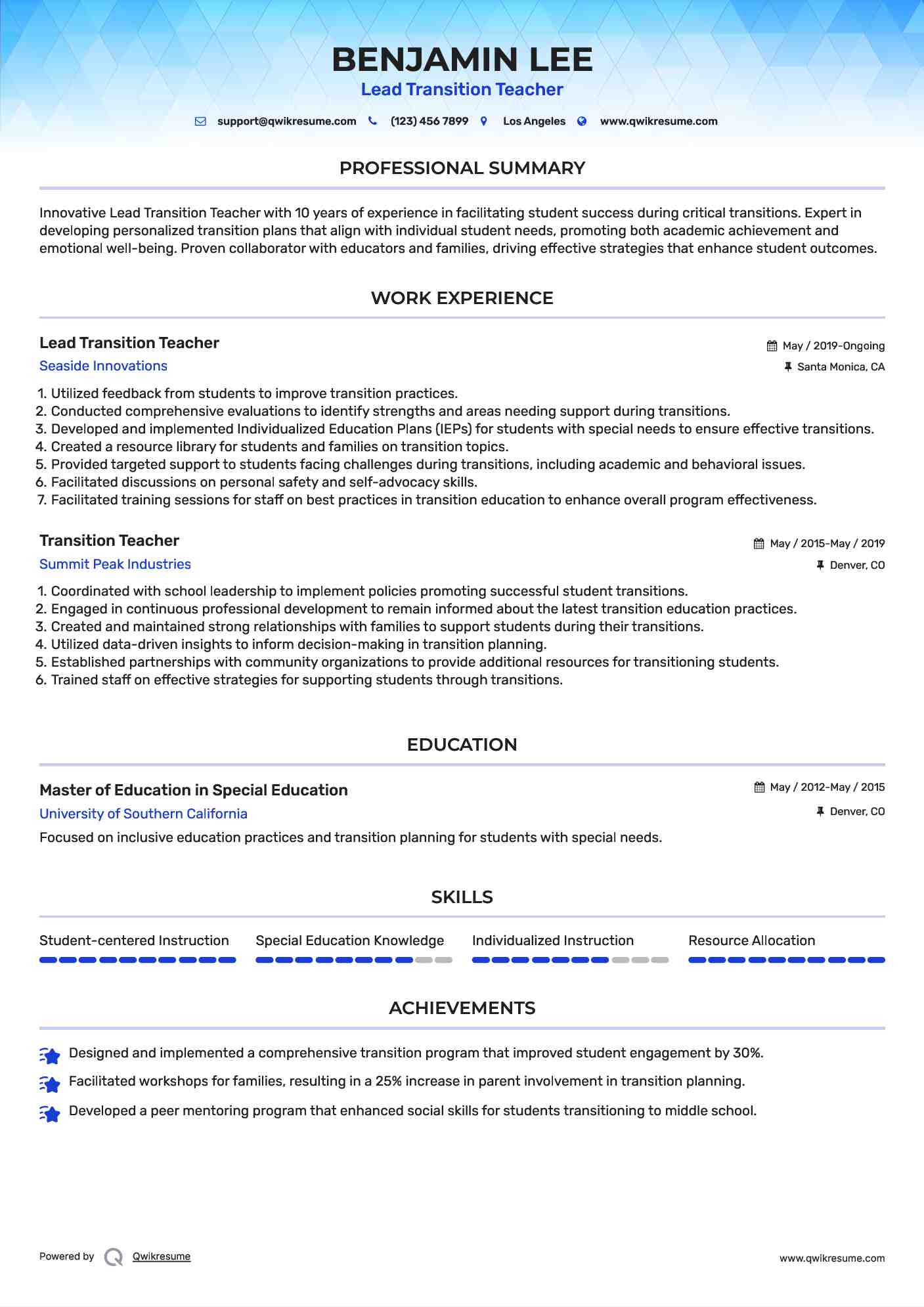 Lead Transition Teacher Resume Format