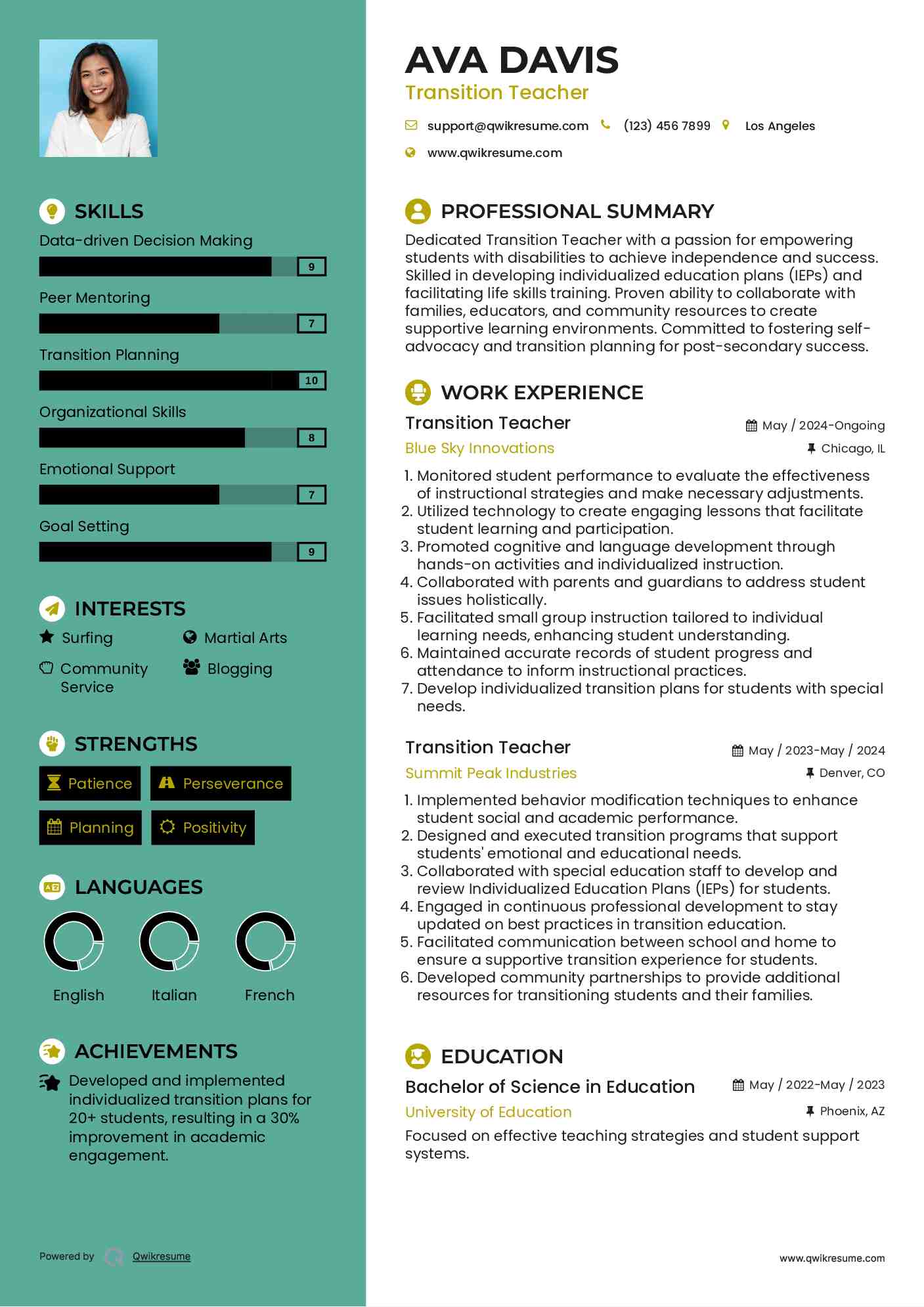 Transition Teacher Resume Template