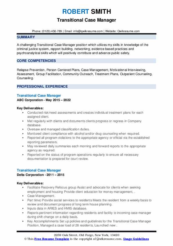 Transitional Case Manager Resume Samples QwikResume