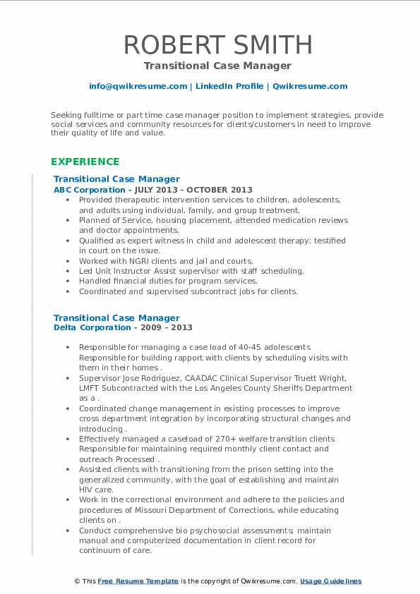 Transitional Case Manager Resume Samples QwikResume