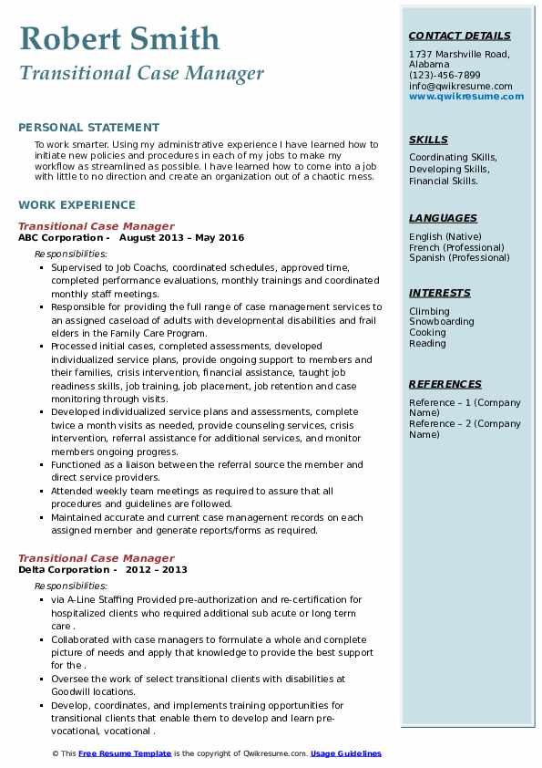 Transitional Case Manager Resume Samples QwikResume