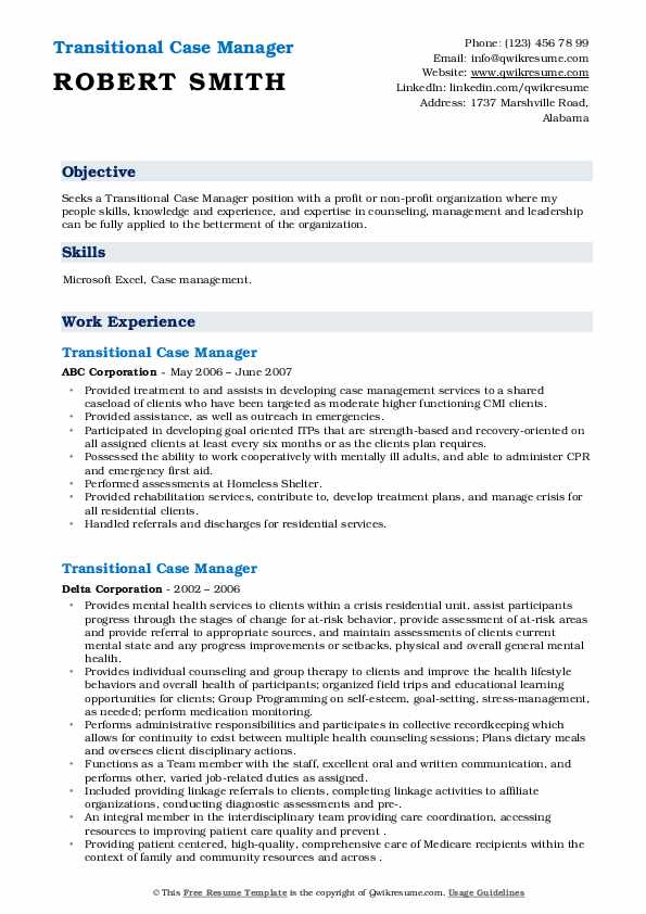 Transitional Case Manager Resume Samples QwikResume
