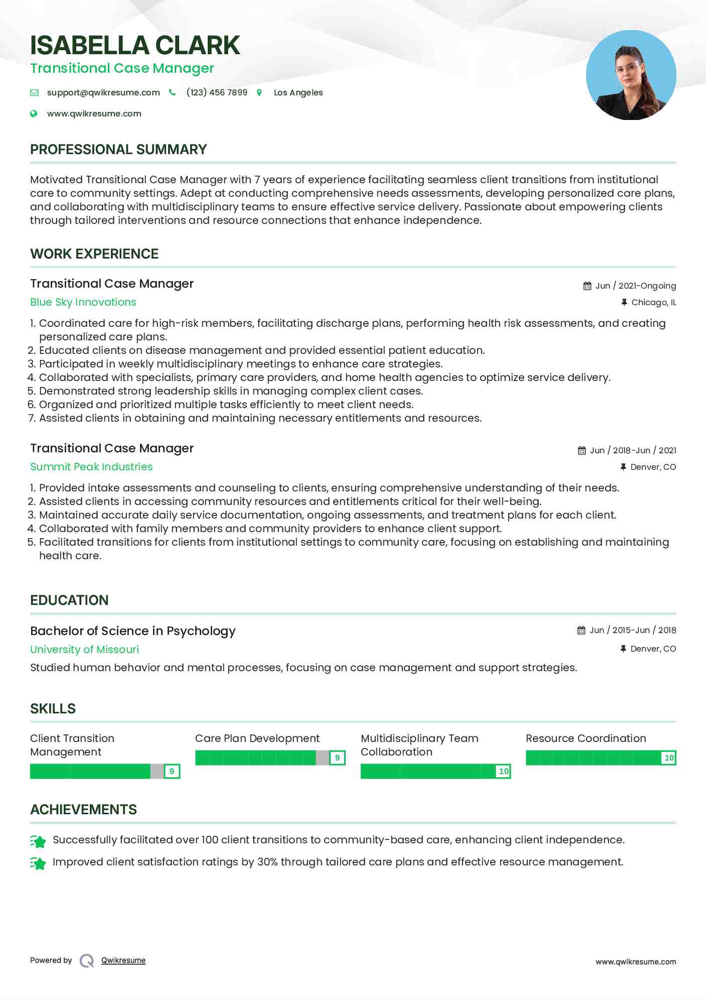 Transitional Case Manager Resume Samples QwikResume