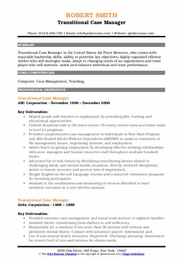 Transitional Case Manager Resume Samples QwikResume