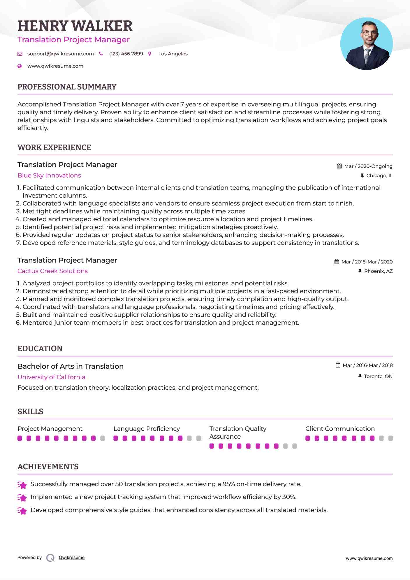 Translation Project Manager Resume Example