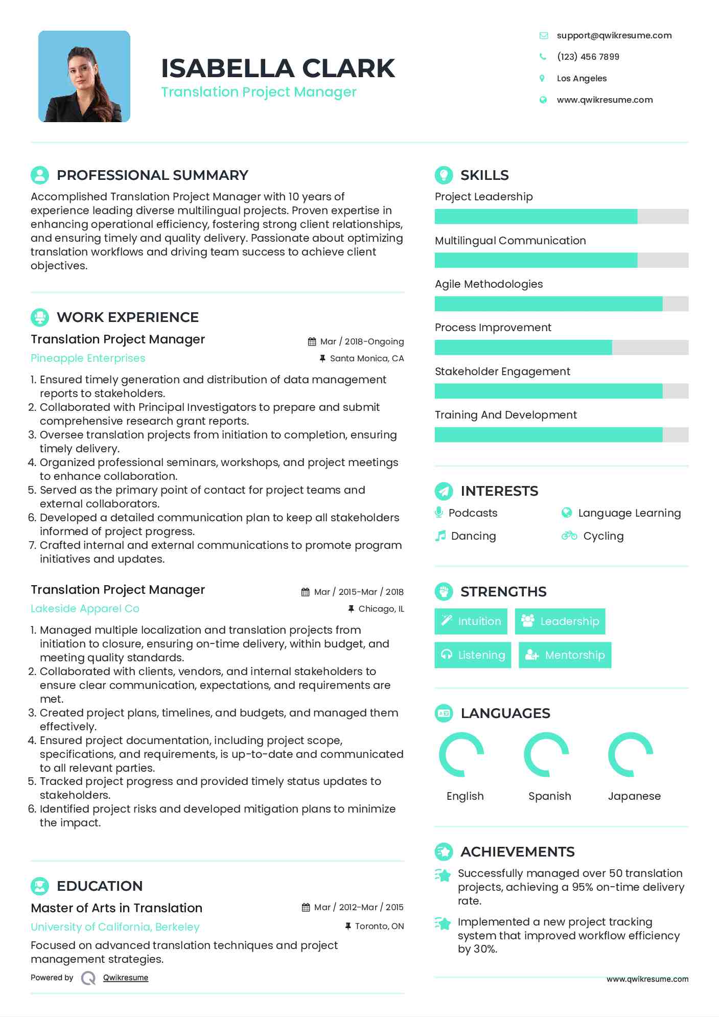 Translation Project Manager Resume Example