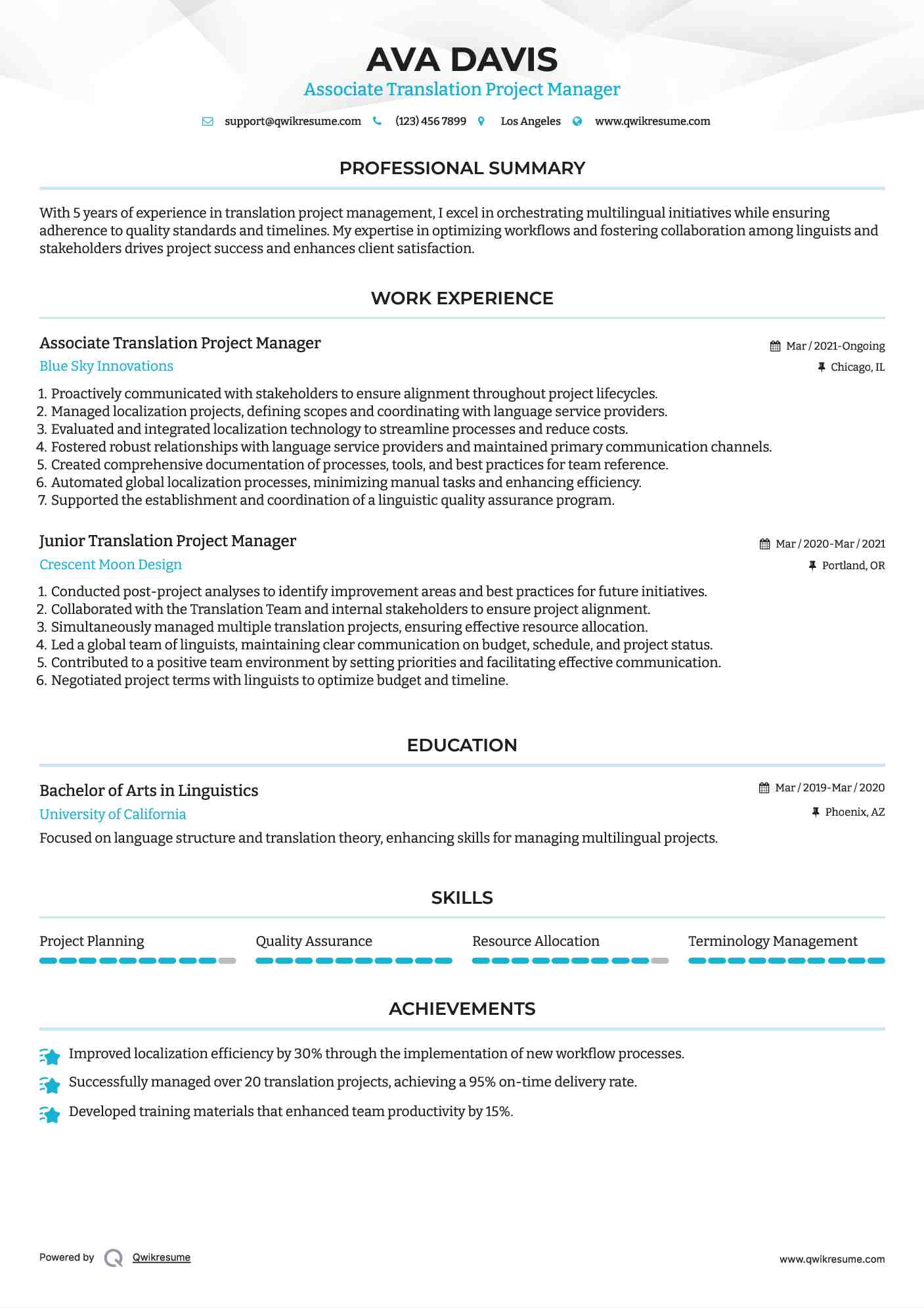 Associate Translation Project Manager Resume Model