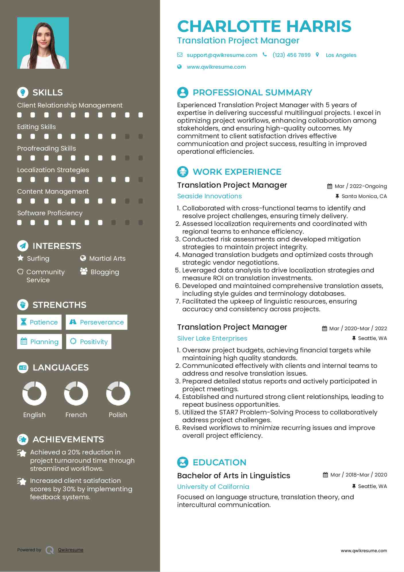 Translation Project Manager Resume Format