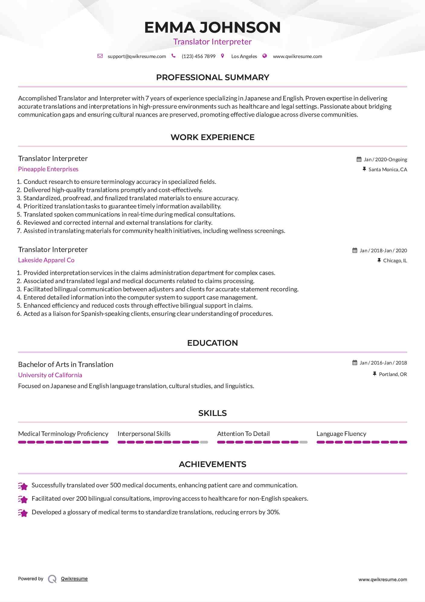 Translator Interpreter Resume Example