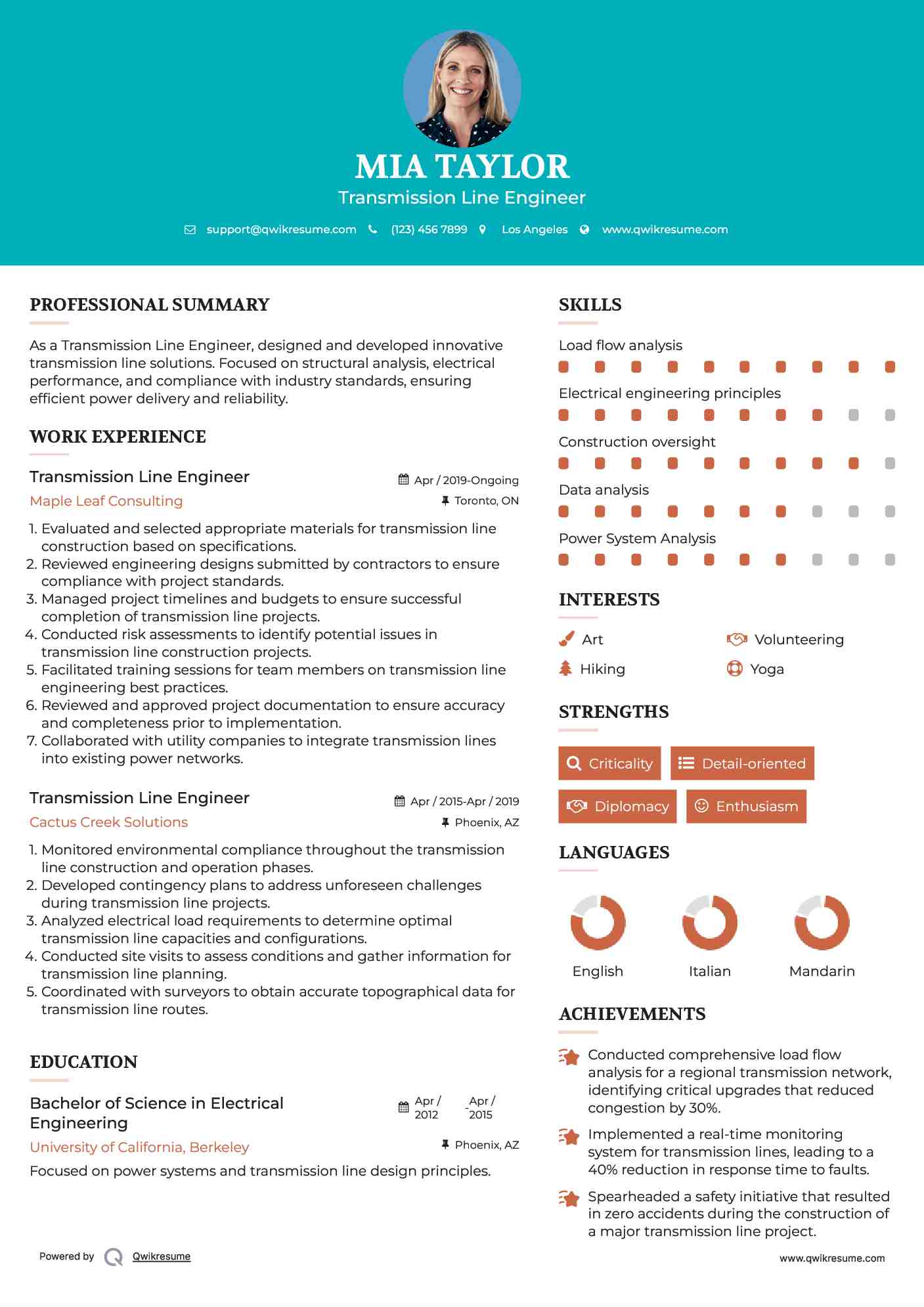 Transmission Line Engineer Resume Sample