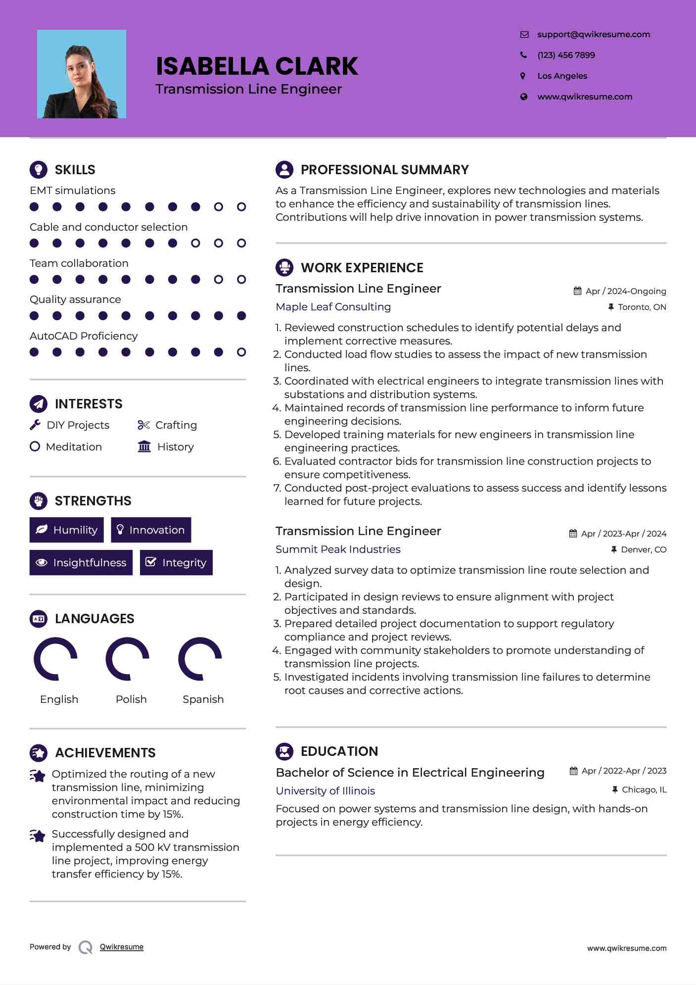 Transmission Line Engineer Resume Example