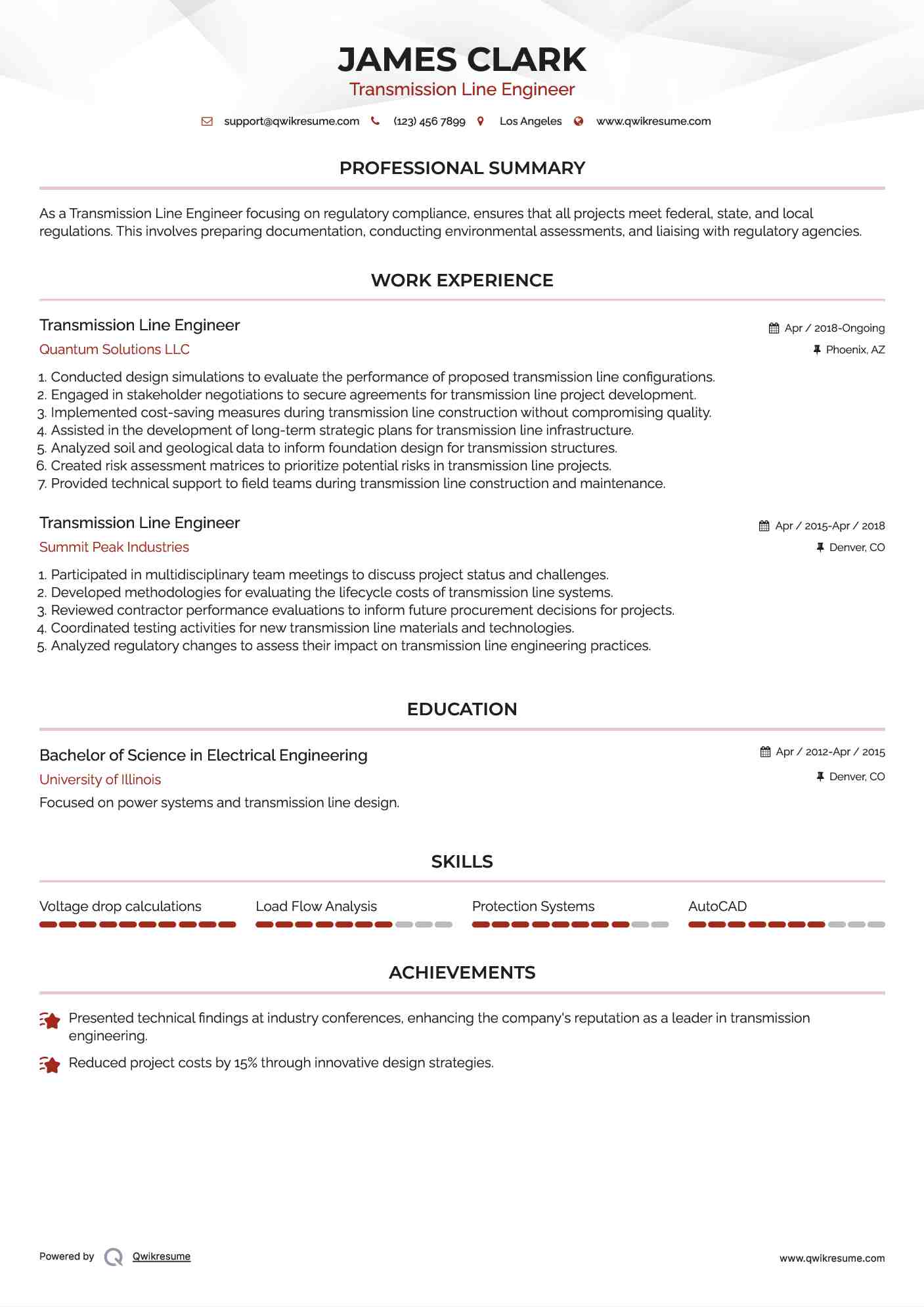 Transmission Line Engineer Resume Format