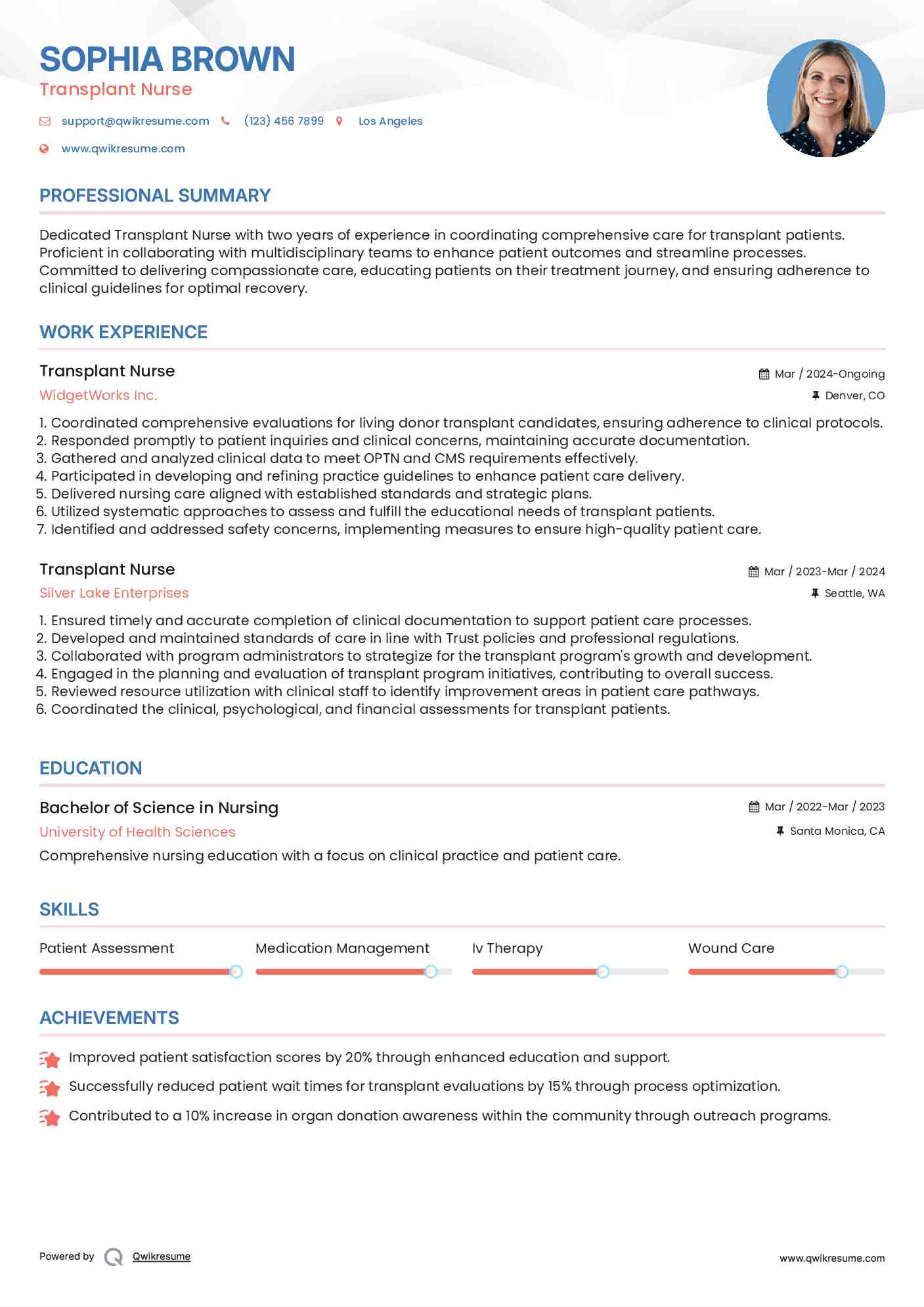 Transplant Nurse Resume Sample