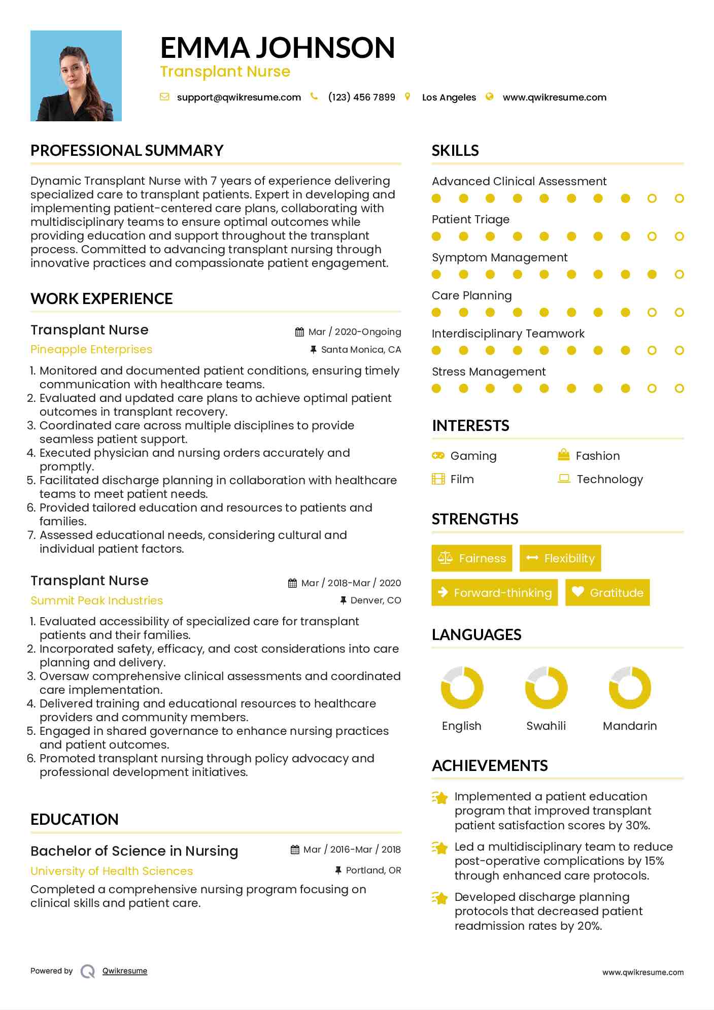 Transplant Nurse Resume Example