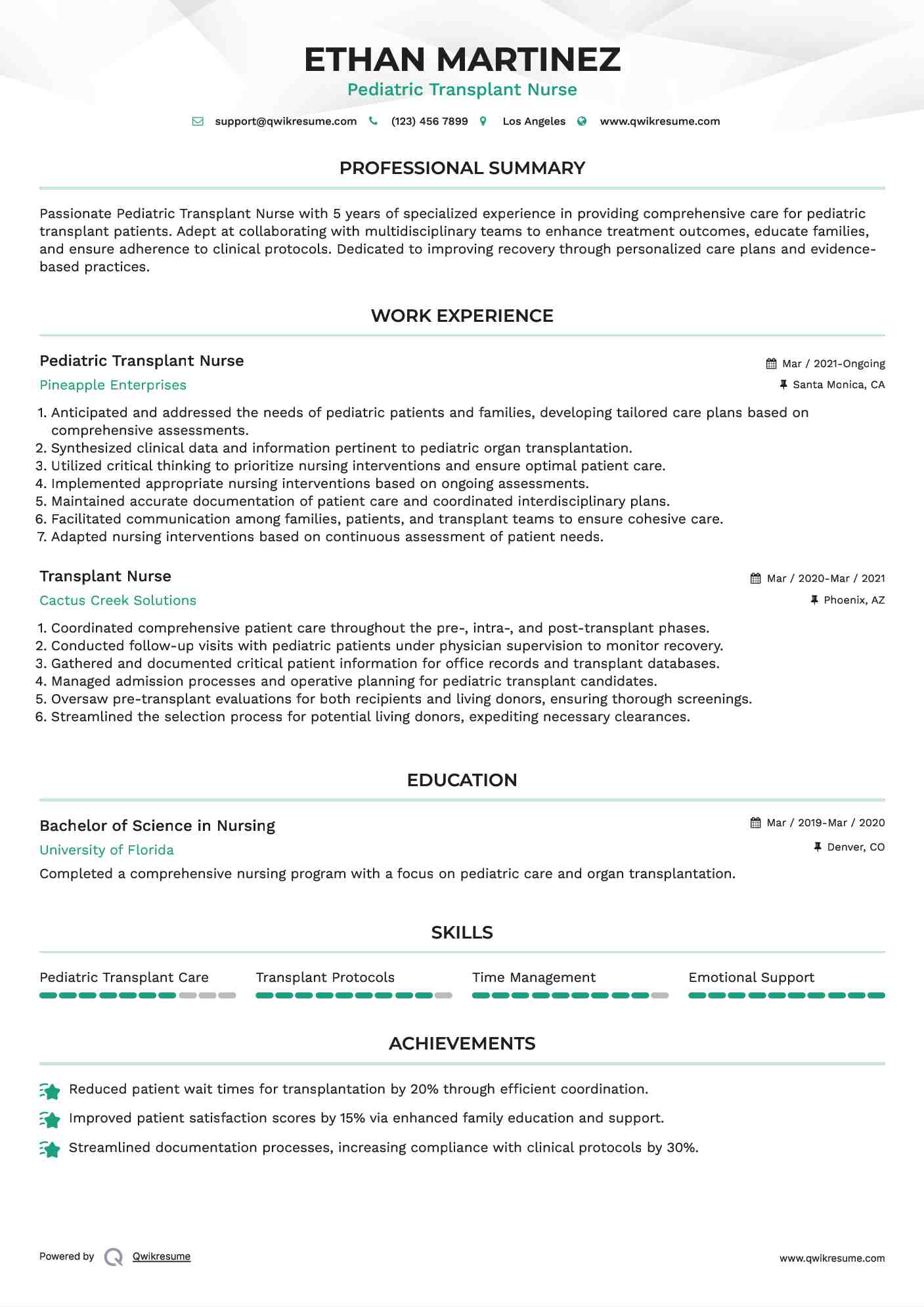 Pediatric Transplant Nurse Resume Example
