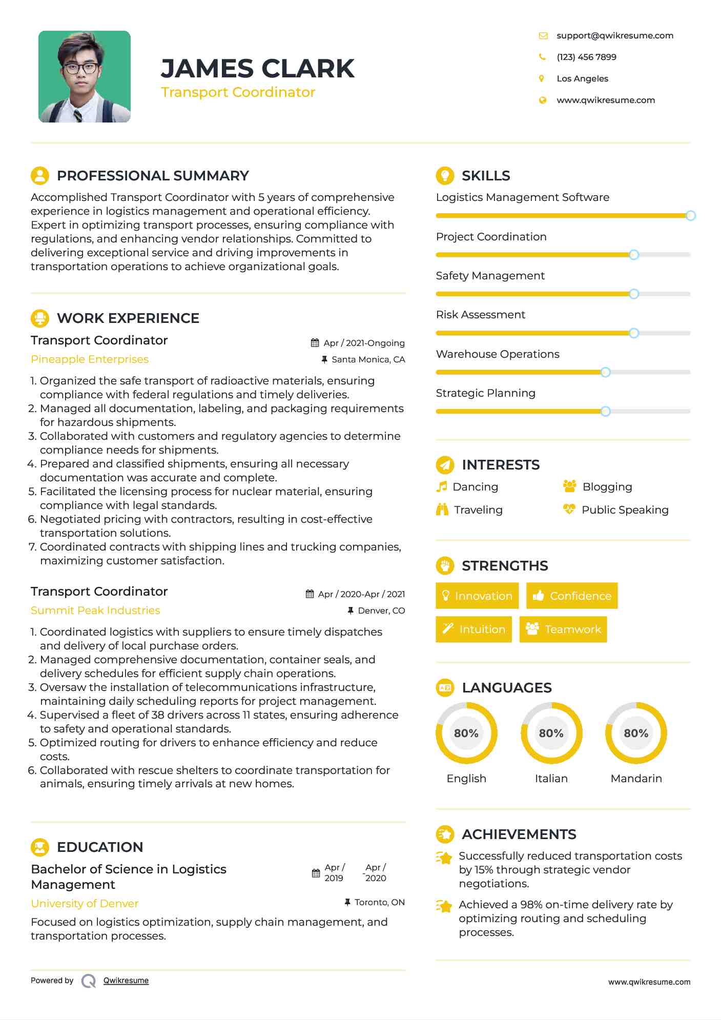 Transport Coordinator Resume Template