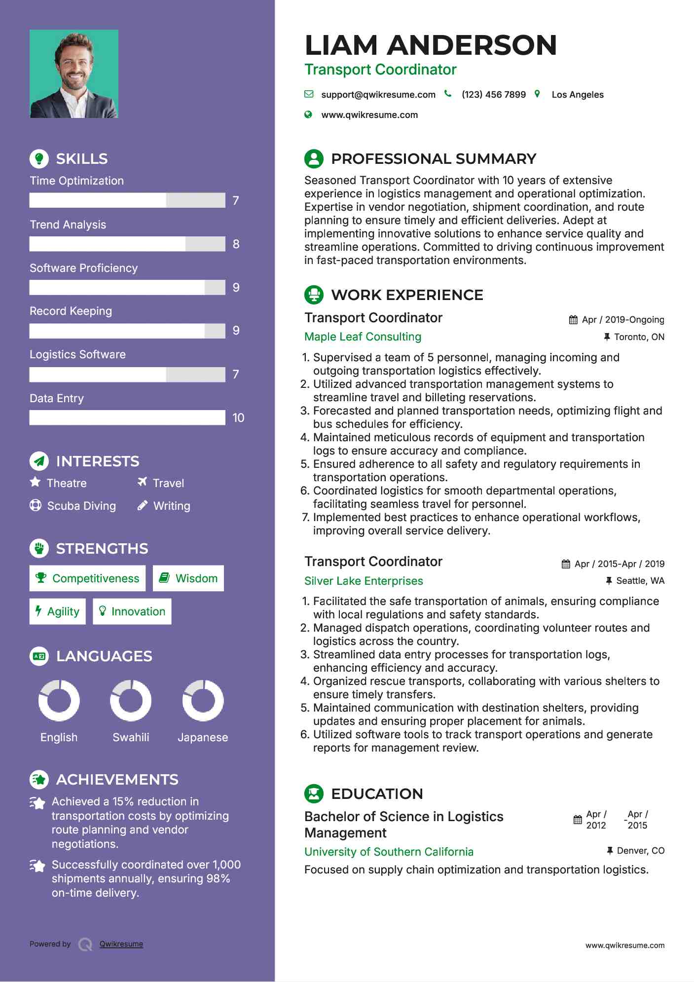 Transport Coordinator Resume Template
