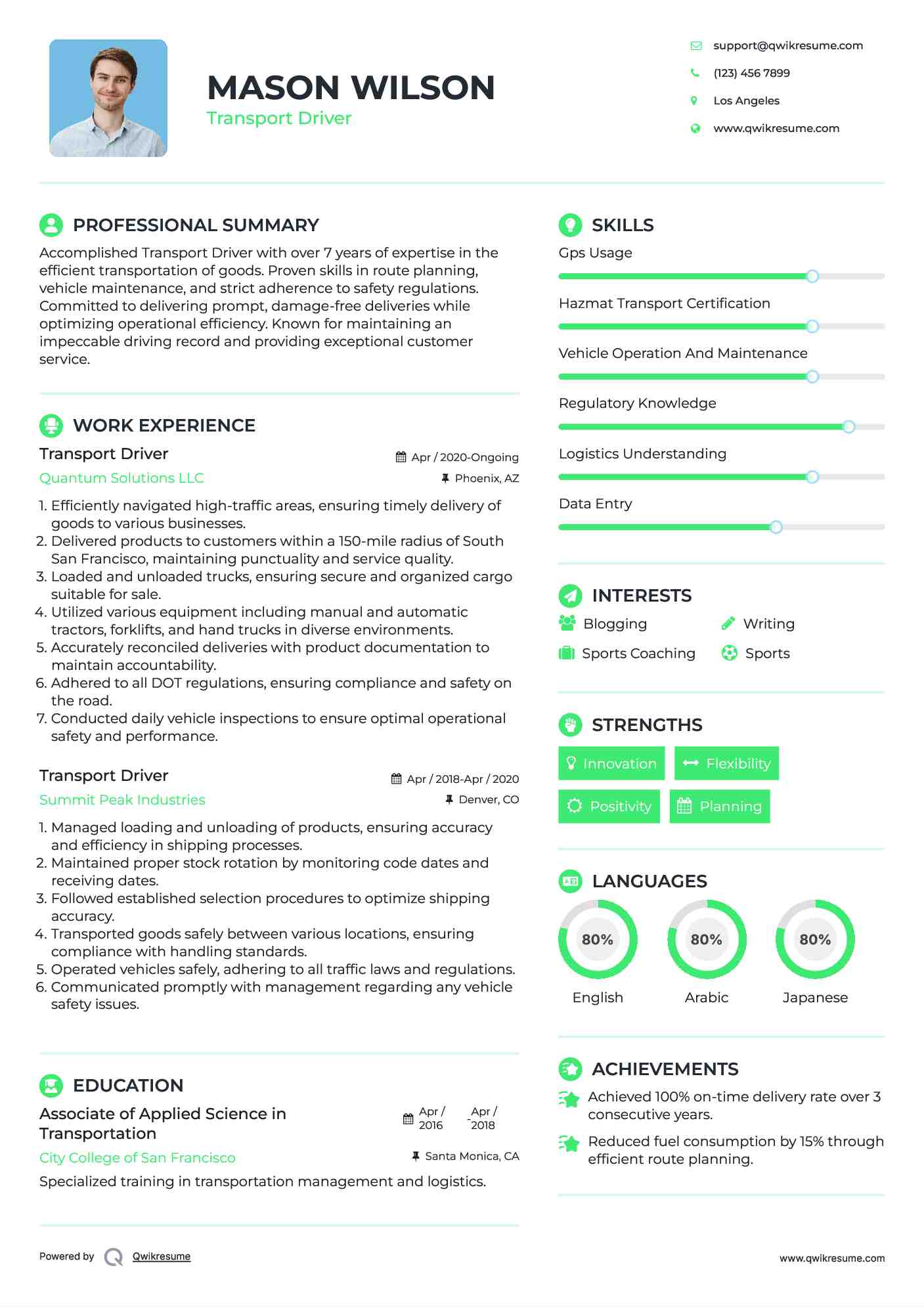 Transport Driver Resume Sample