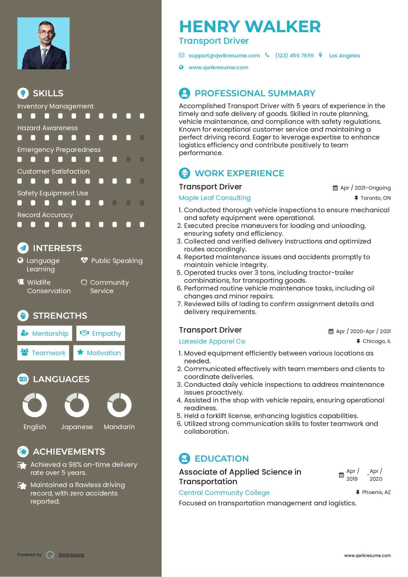 Transport Driver Resume Template