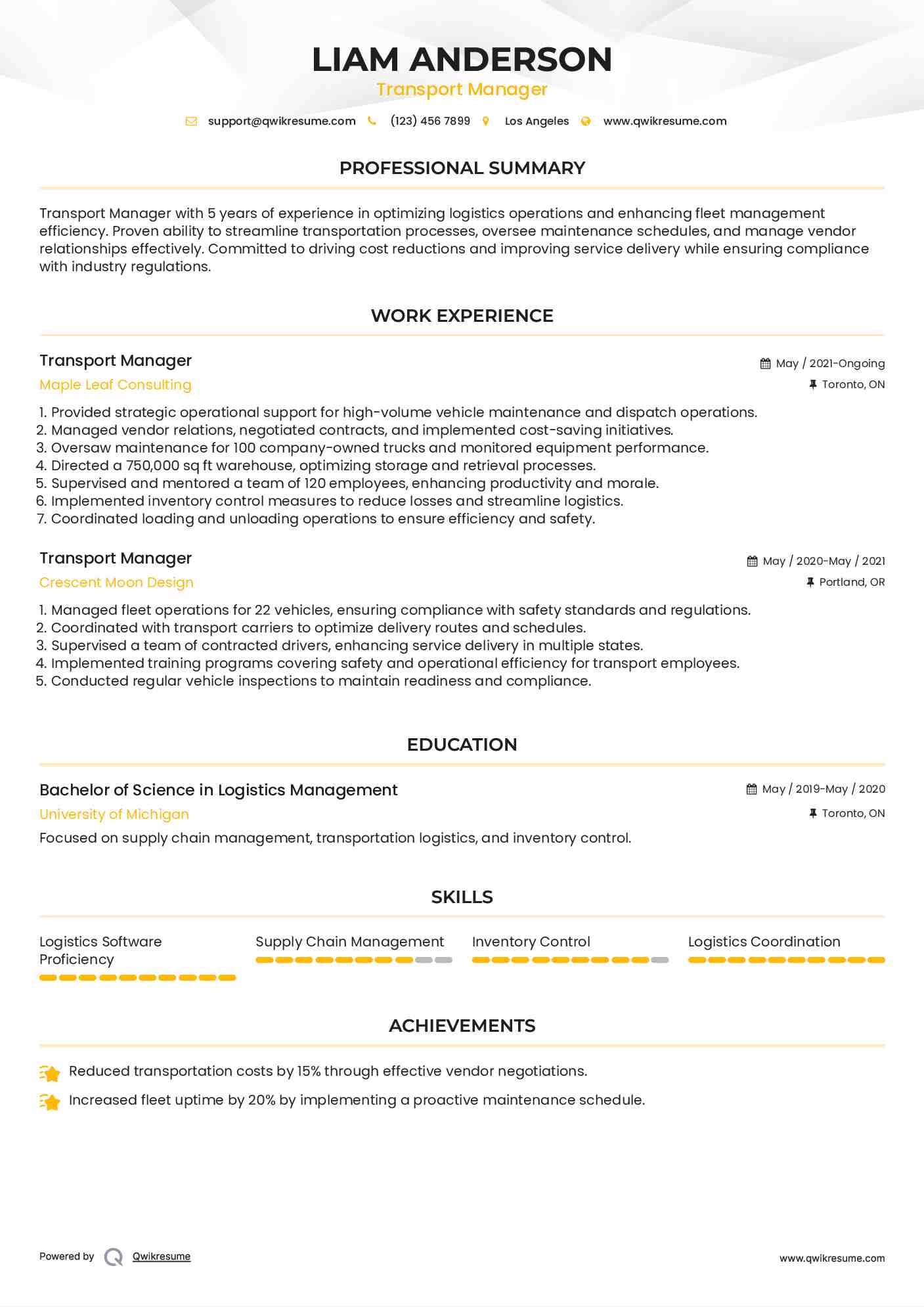 Transport Manager Resume Sample