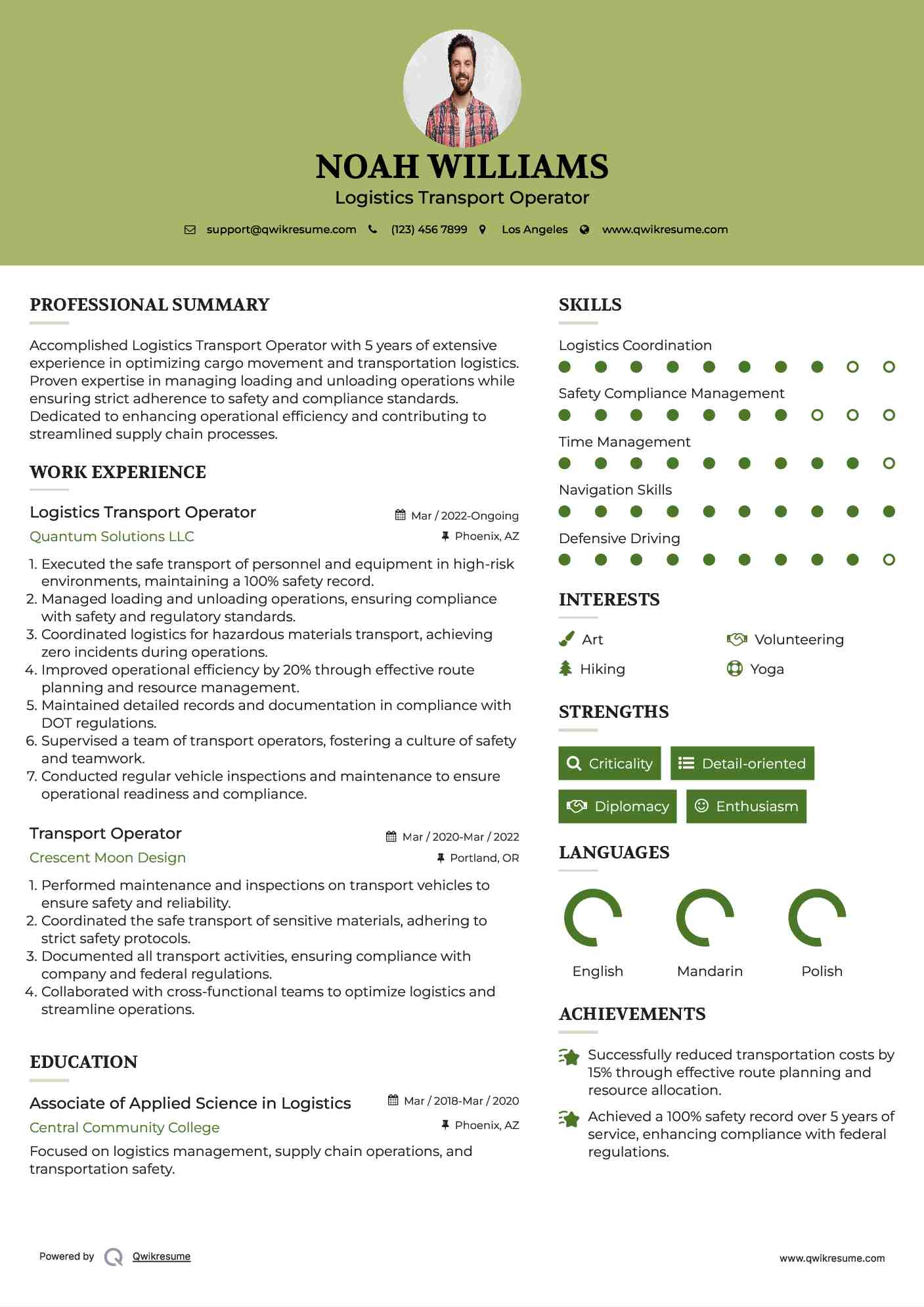 Logistics Transport Operator Resume Format