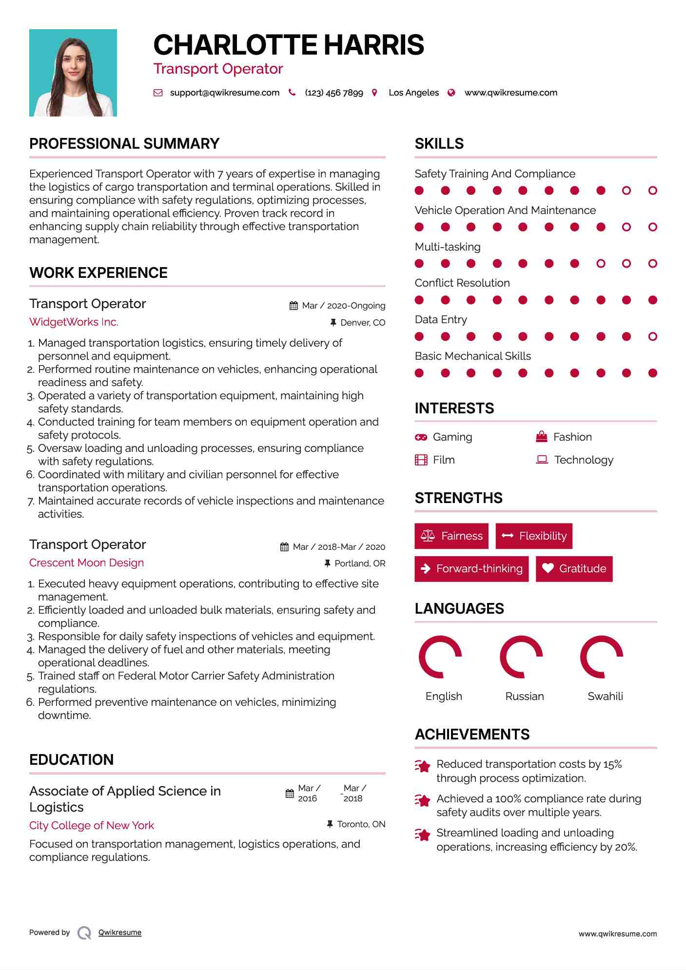 Transport Operator Resume Format