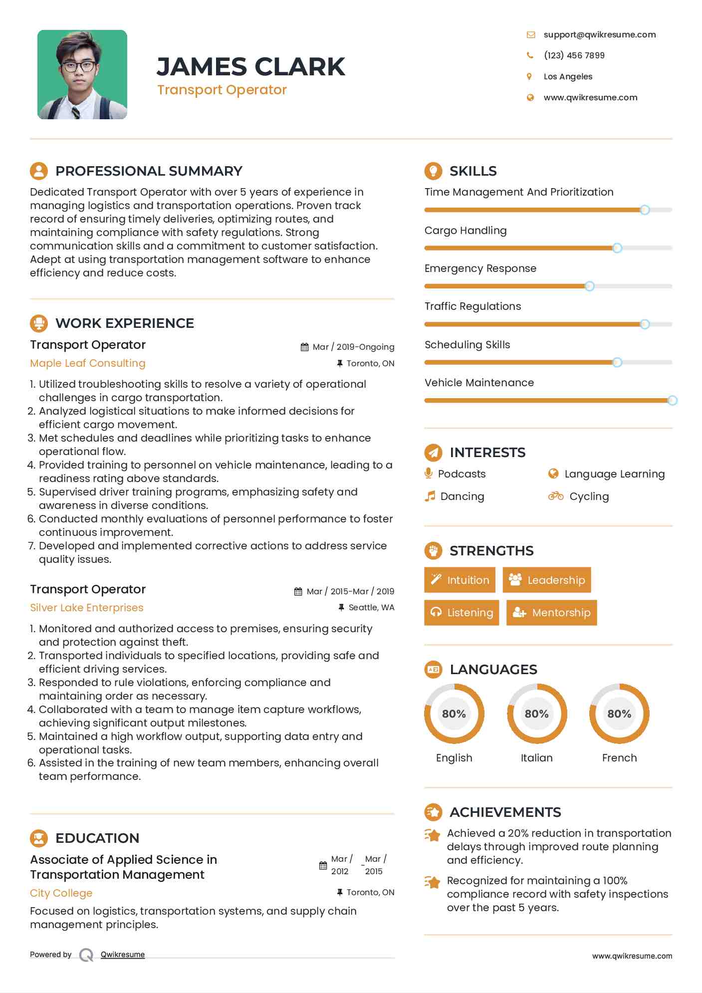 Transport Operator Resume Format