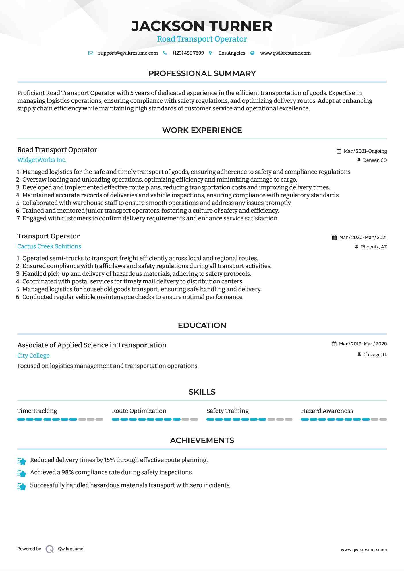 Road Transport Operator Resume Sample