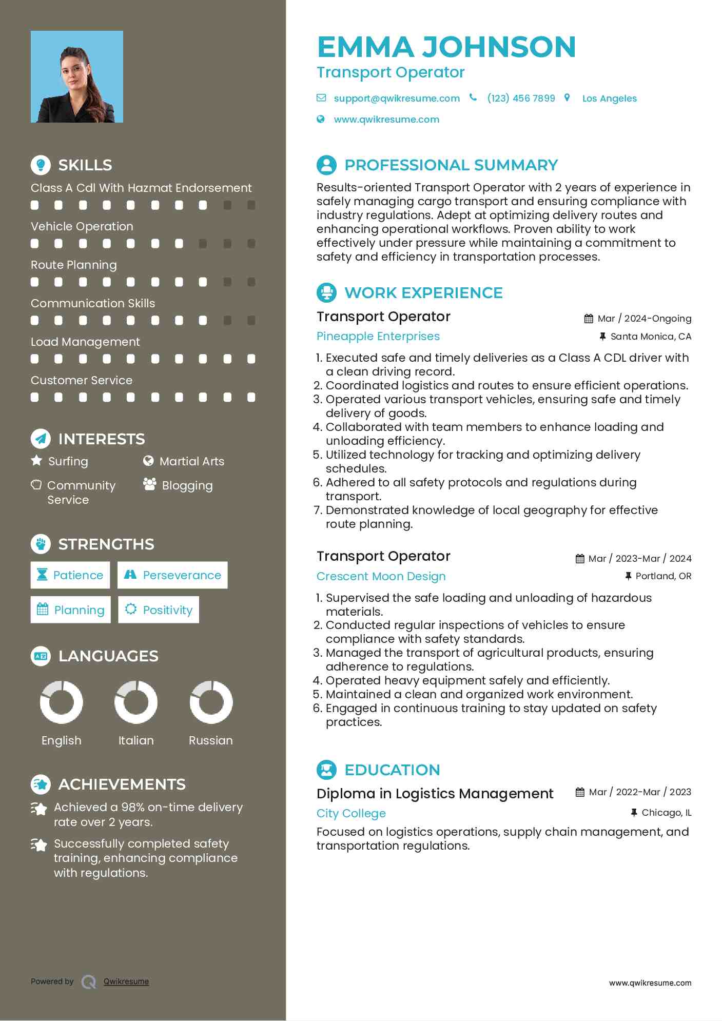 Transport Operator Resume Example